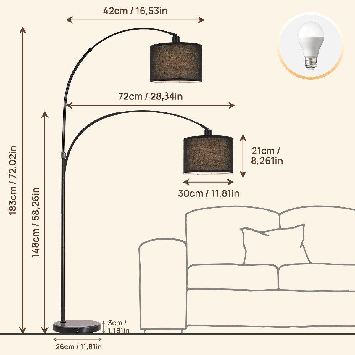 Simloveve Stehlampe Moderne Bogenlampe LED Stehlampe mit 12W E27 LED-Glühbirne, Marmorfuß, Textilschirm, drehbarer Lampenkopf, Höhenverstellbar, LED wechselbar, Standleuchte Vintage für Wohnzimmer, Schlafzimmer, Büro