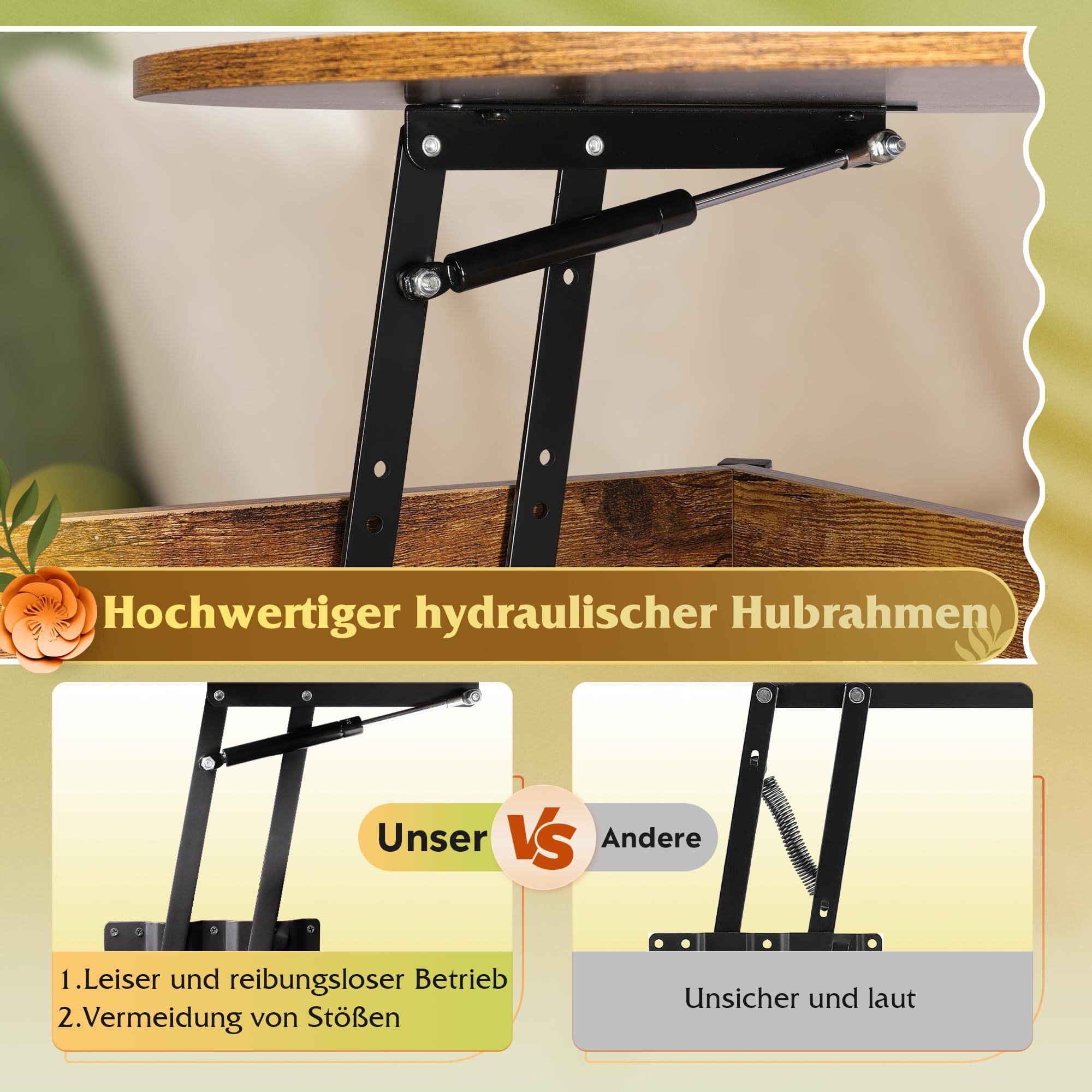 WLIVE Couchtisch Couchtisch Höhenverstellbarer Runder, 2-facher Stauraum & Ablage (Packung, 1 Tisch), Beistelltisch aus Holz & Metall, höhenverstellbar, 60 x 60 – Bild 5 von 5