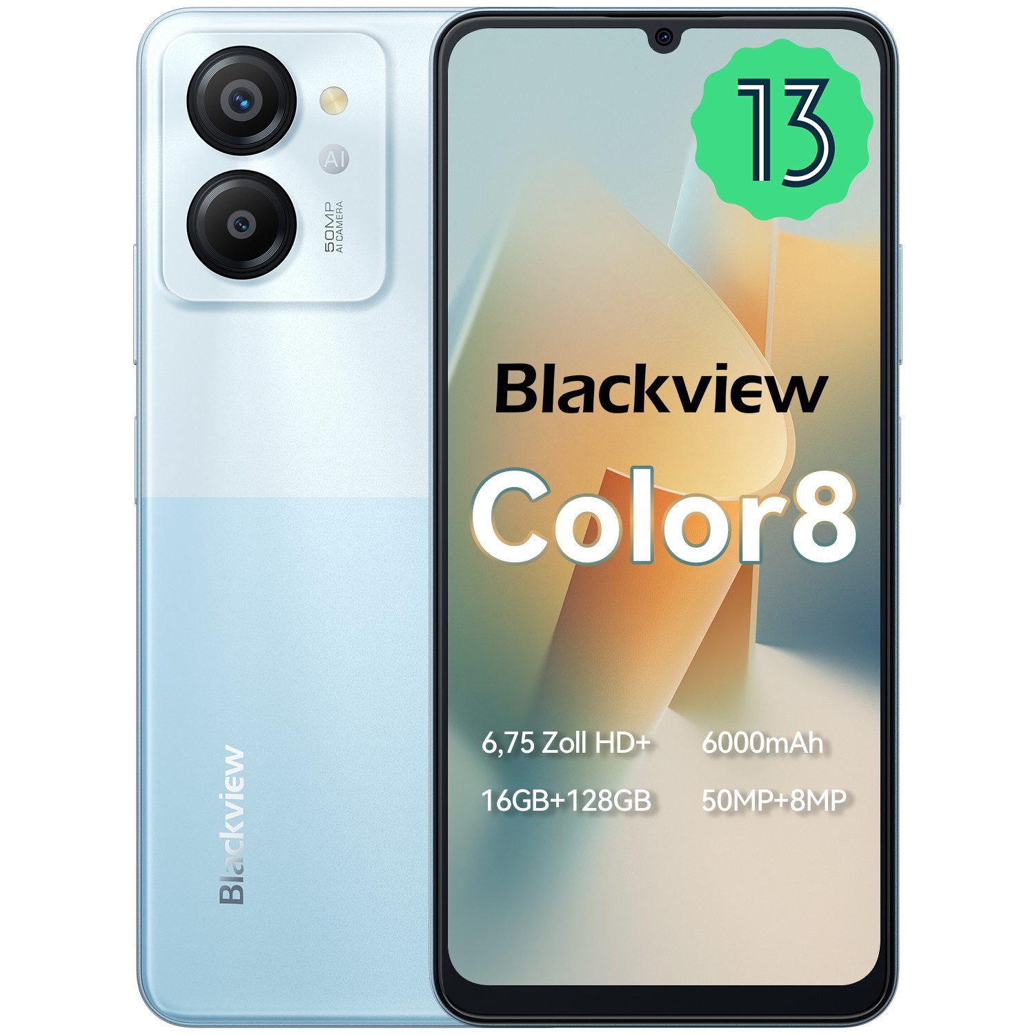 blackview Color8(8+128) Smartphone (6.75 Zoll, 50 MP Kamera, 6000 mAh, Dual 4G, Face ID)
