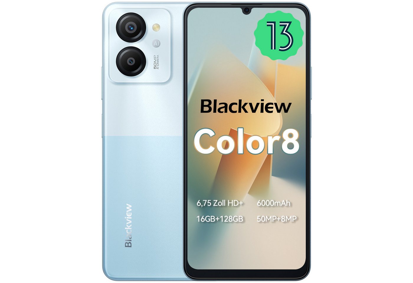 blackview Color8(8+128) Smartphone (6.75 Zoll, 50 MP Kamera, 6000 mAh, Dual 4G, Face ID)
