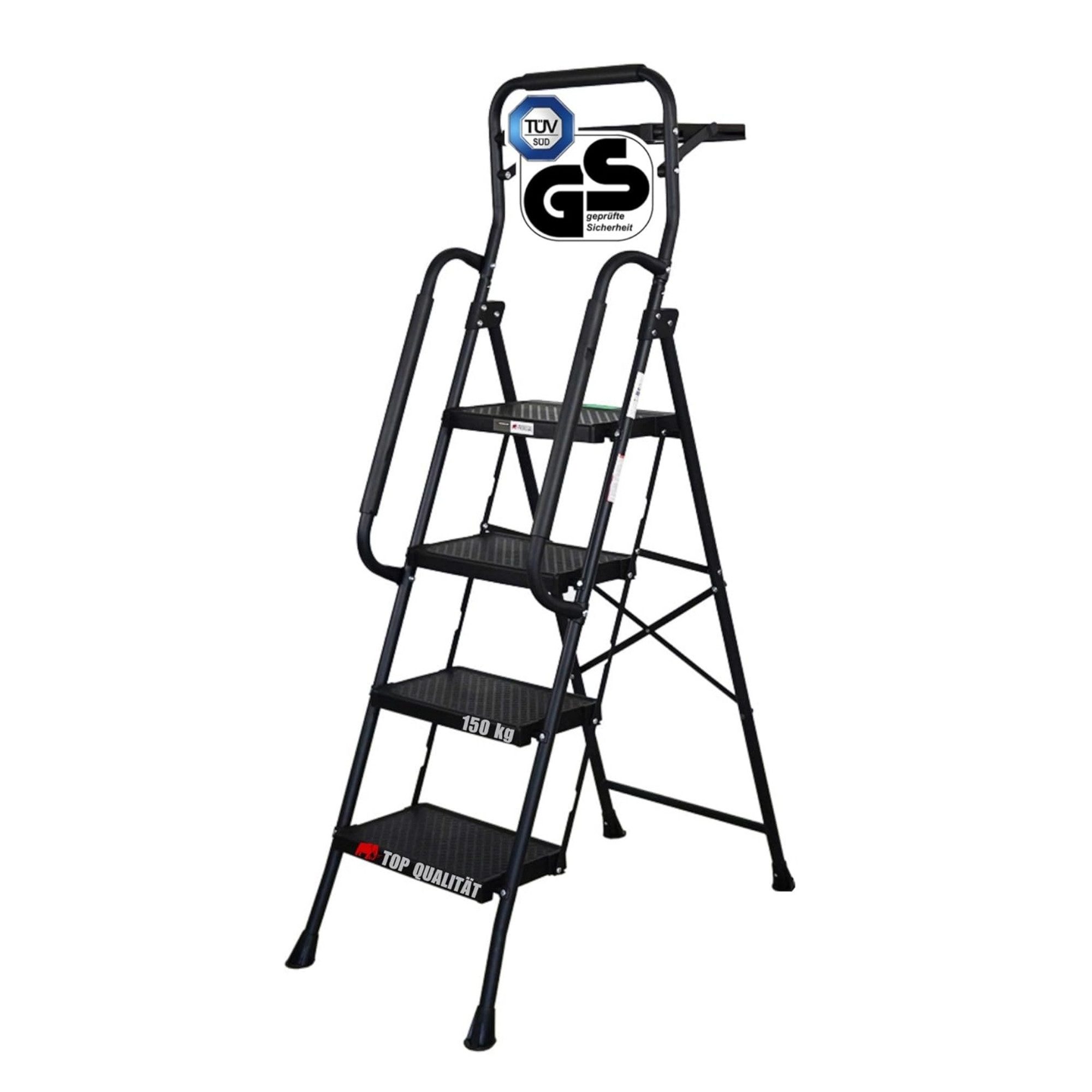 PROREGAL® Trittleiter Profi-Stehleiter klappbar Traglast 150kg Stahl Matt Schwarz, Robuste Stahlkonstruktion Kunststoffstufen Traglast 150kg Matt Schwarz