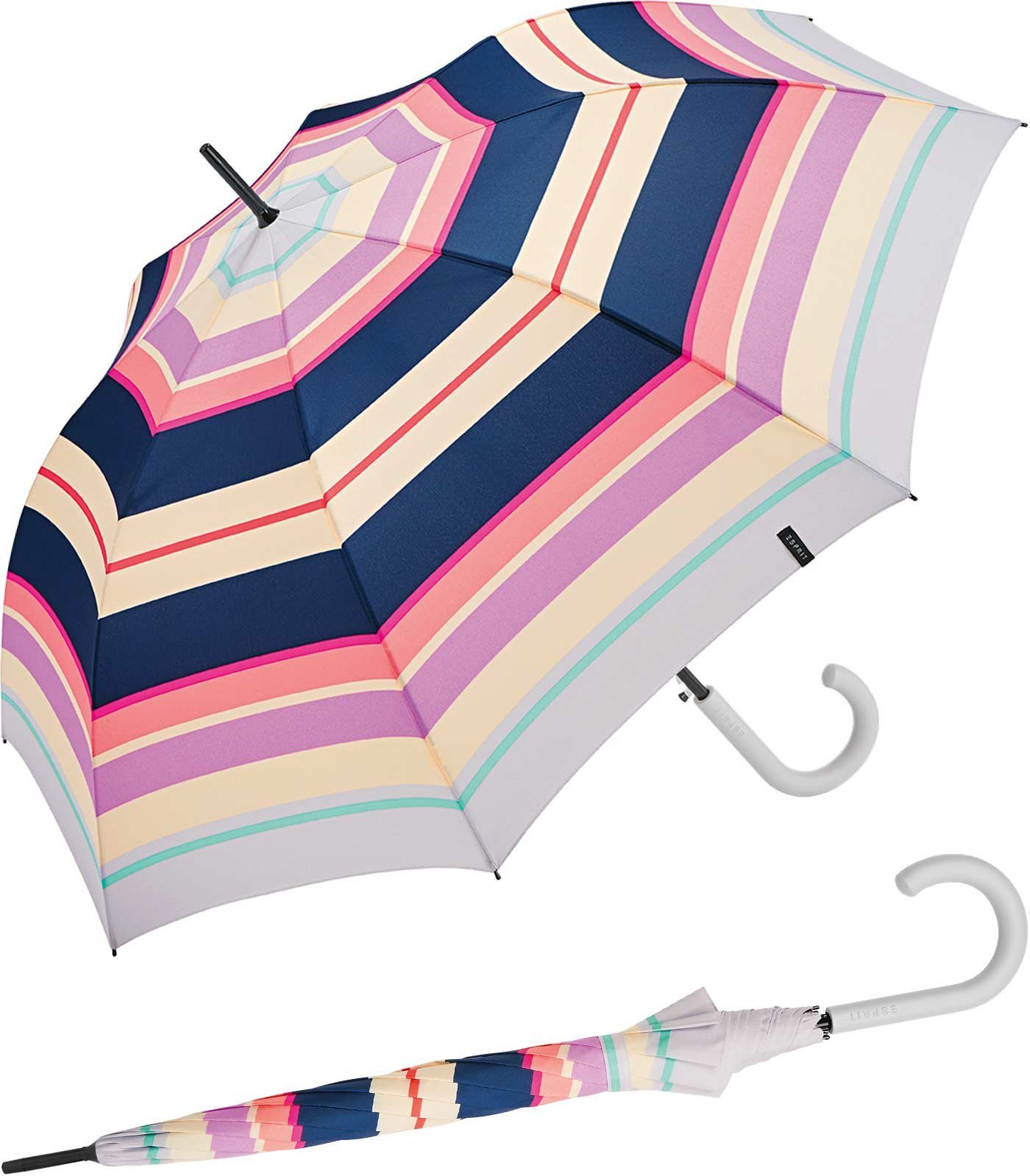 Esprit Langregenschirm Damen-Stockschirm groß und stabil mit Automatik, farbenfroh bedruckt mit Streifen-Muster