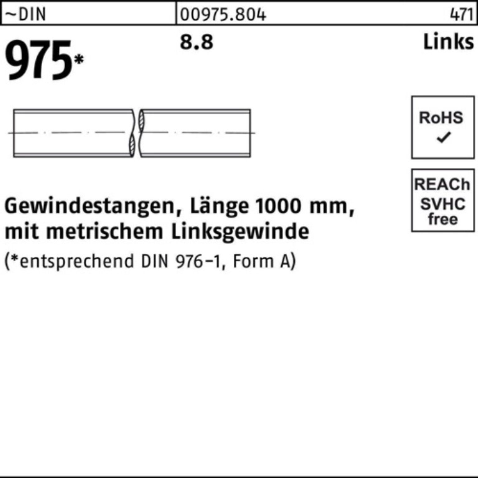 Reyher Gewindestange 100er Pack Gewindestange DIN 975 links M20 -LHx 1000mm 8.8 1 Stück ~D