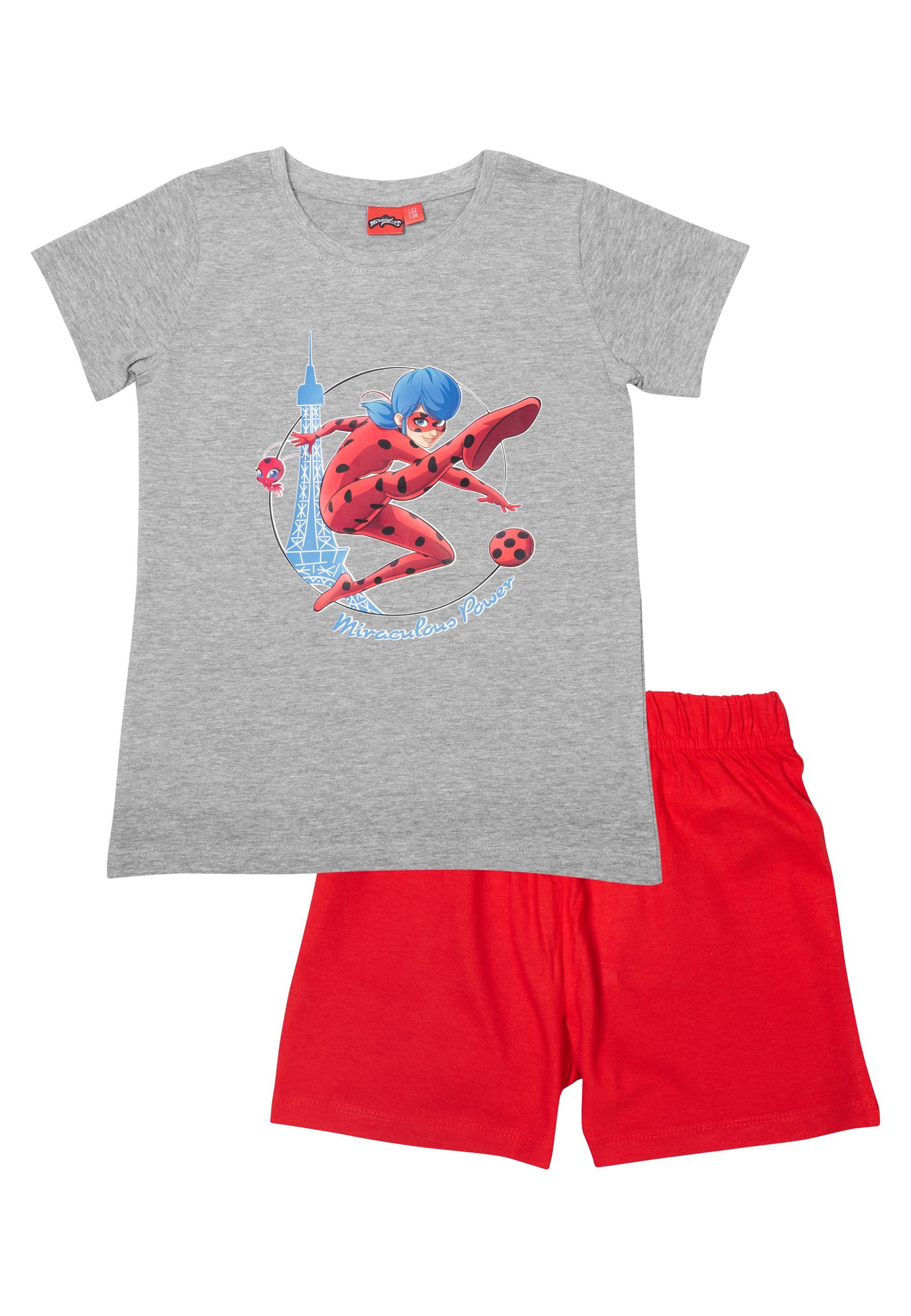 United Labels® Pyjama Mädchen Set Schlafanzug Schlafanzug Miraculous Grau/Rot Ladybug Kurzarm