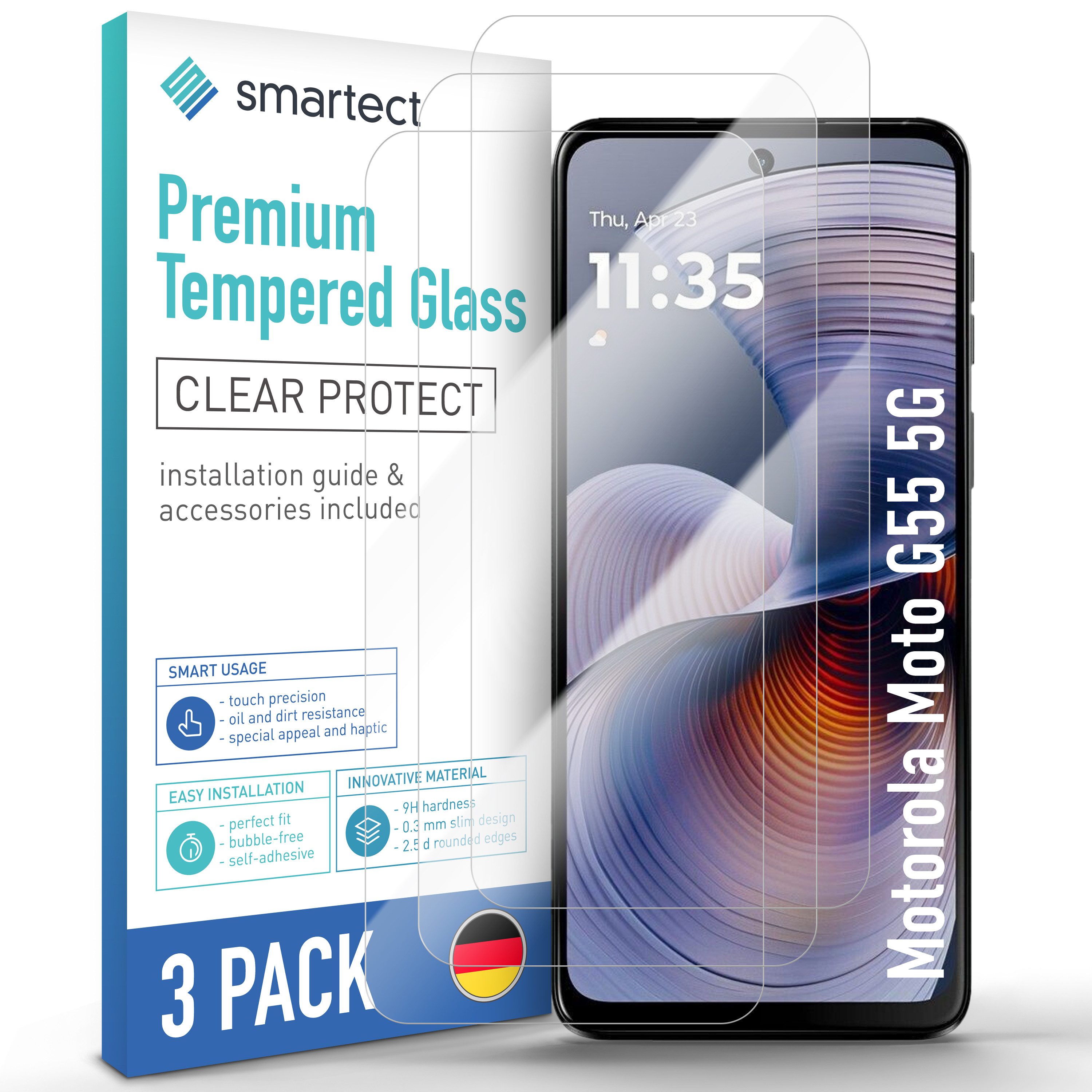 smartect Displayschutzglas 3X Schutzglas Panzerfolie Klar für Motorola Moto G55 5G für Motorola Moto G55 5G, Set, 3 Stück, 0.3 mm Ultra-klar, 9H Härte, Kratzfest, Stoßfest, Blasenfrei, Oleophob