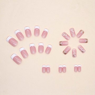 FIDDY Kunstfingernägel Quadratische künstliche Nägel, mittlere Größe, Rosa und Weiß, 24 Stück, 1-tlg.