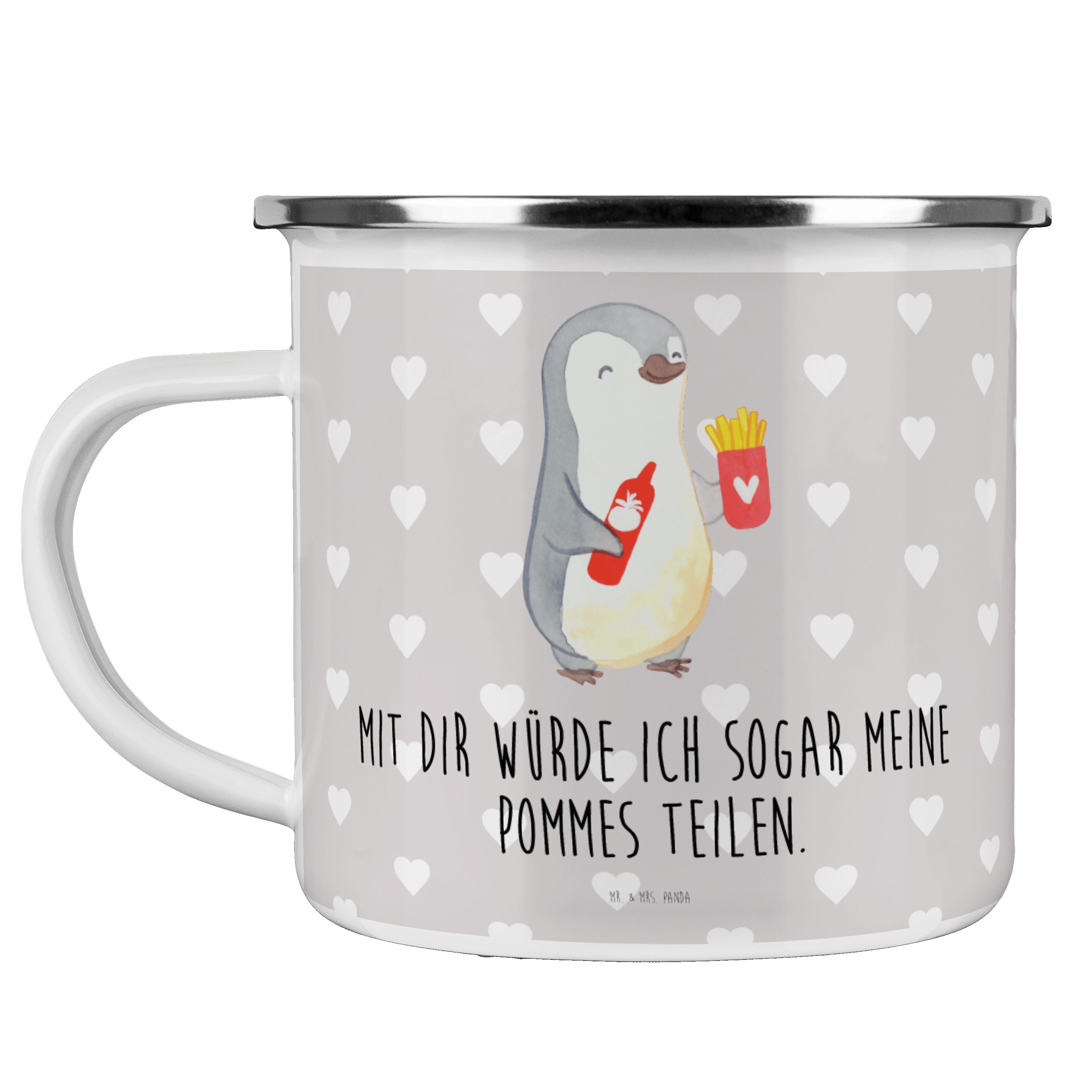 Mr. & Mrs. Panda Becher Pinguin Pommes - Grau Pastell - Geschenk, Metalltasse, Geschenk für P, Emaille