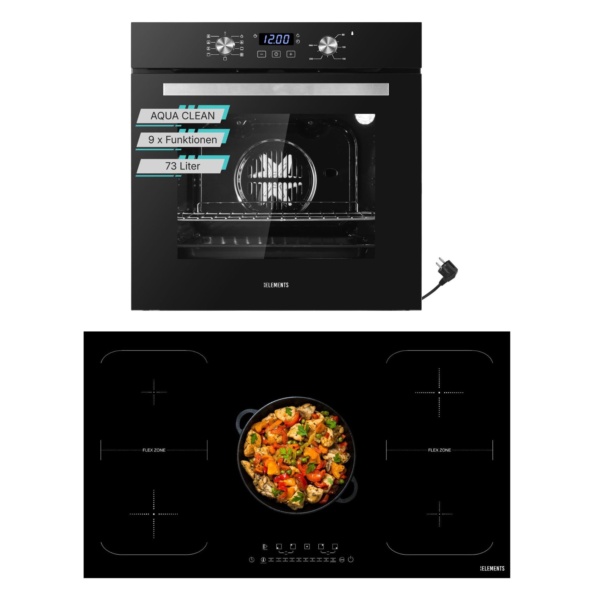 KB Elements Induktions Herd-Set KBE Einbaubackofen 60 cm mit 5-Zonen Induktionskochfeld 90cm, Aqua Clean, Circle Fan Heater, 2 x Flexzonen