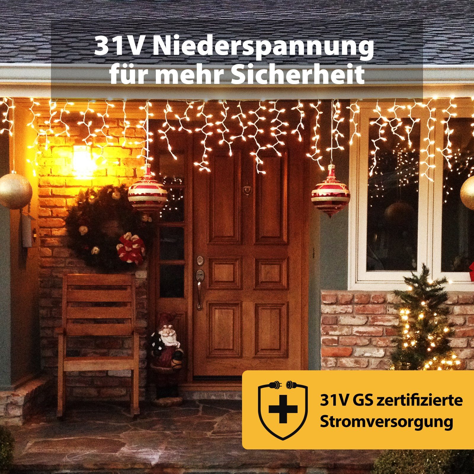 Salcar LED-Lichtervorhang LED Lichterkette Eisregen Lichtervorhang Weihnachtsdeko Aussen 8 Modi, 5m, 200er LED Lichtervorhang, Timer und Memory-Funktion, Warmweiß