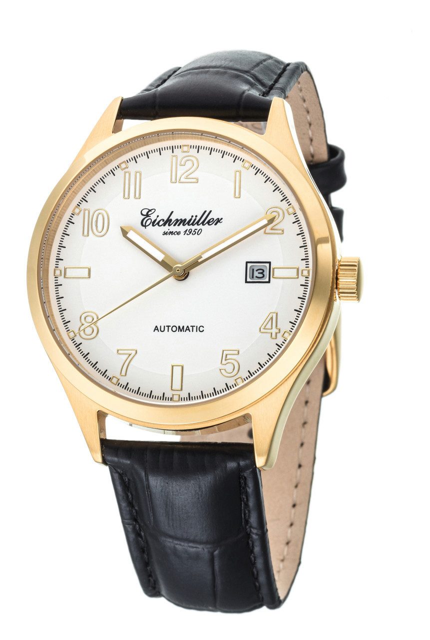 Eichmüller Automatikuhr Herrenuhr RE7040 Gold Weiß Lederband Schwarz 41 mm