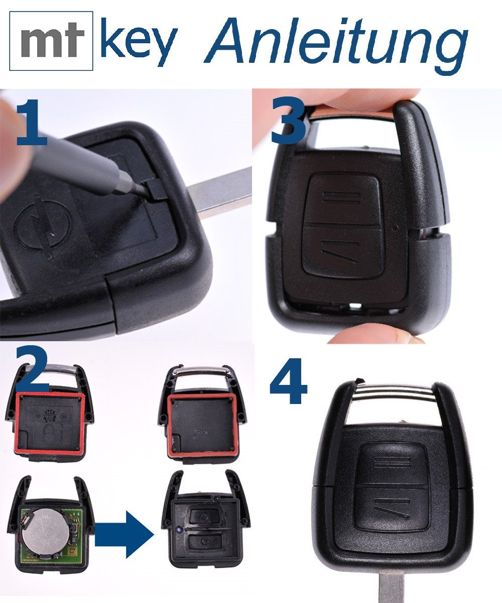 mt-key Auto Schlüssel Reparatur Gehäuse 2 Tasten + 2x Taster + VARTA CR2025 Knopfzelle, CR2025 (3 V), für Opel Astra G Zafira A Omega B Vetra B Funk Fernbedienung