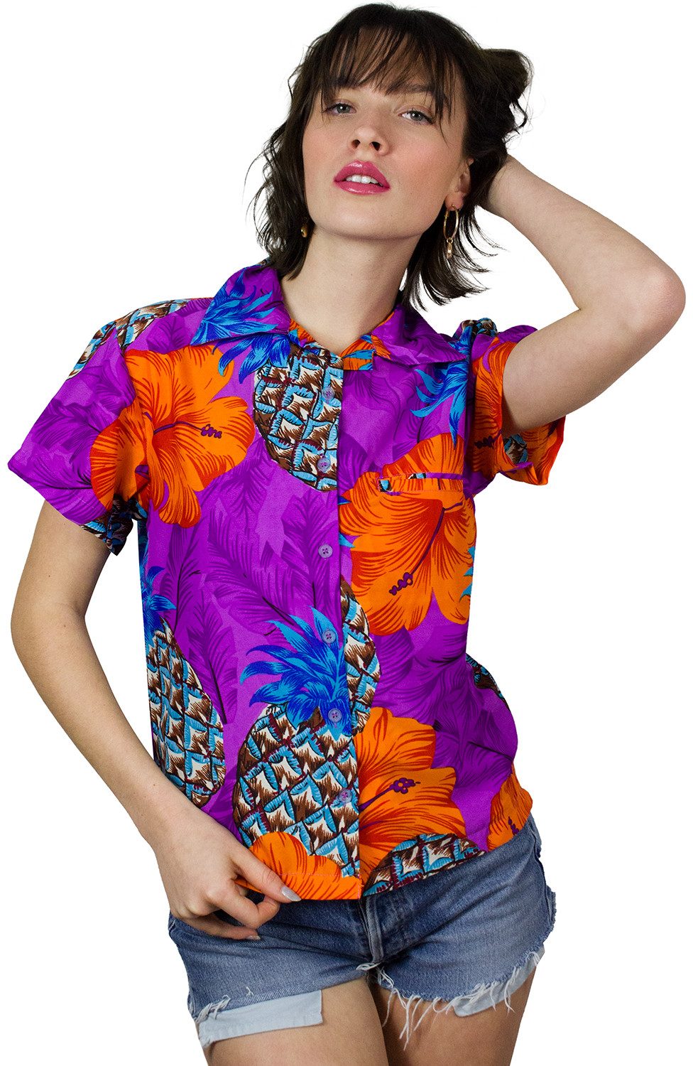 King Kameha Hawaiihemd Pineapple Hibiscus Funky Hawaiibluse Damen Kurzarm Front-Tasche