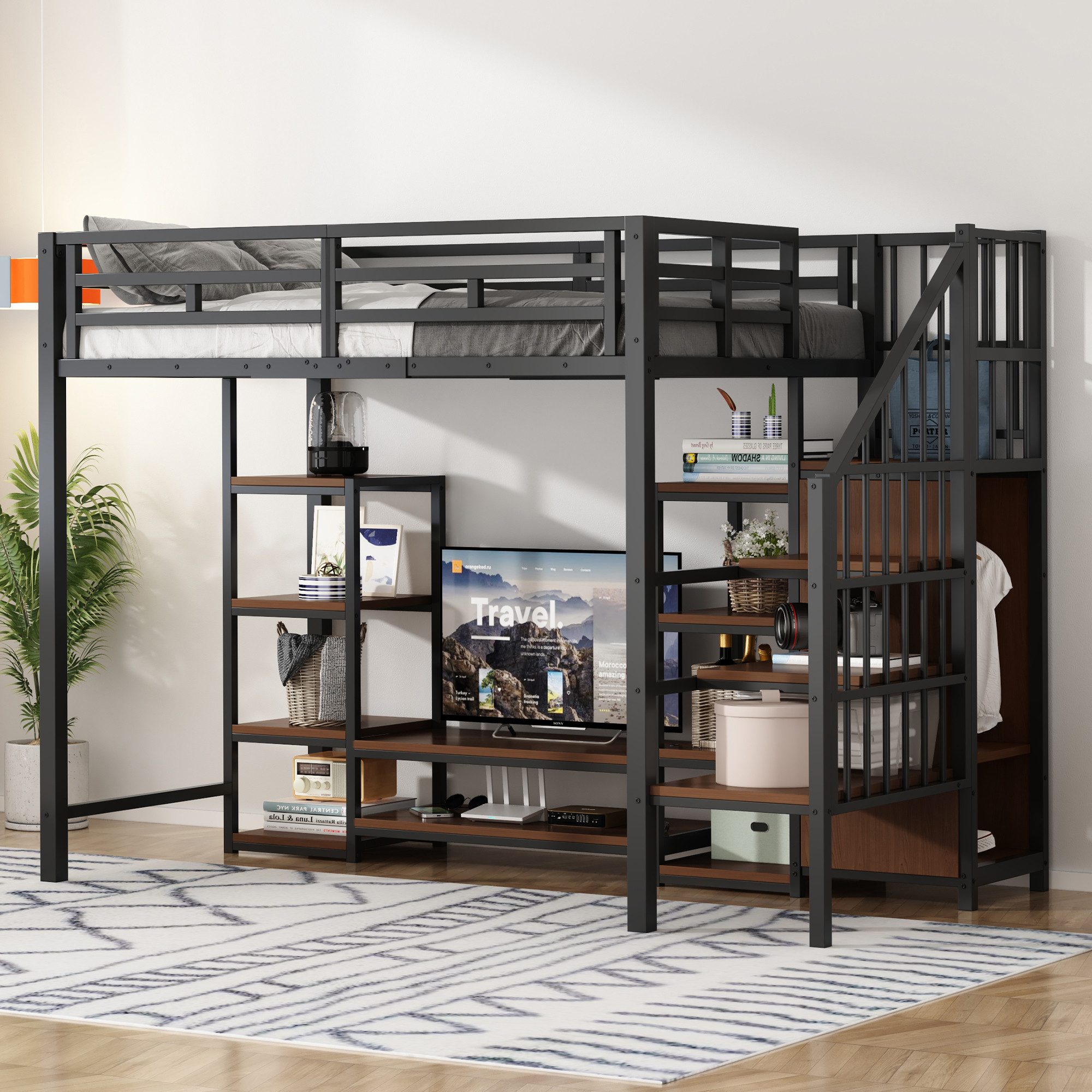 MODFU Kinderbett mit integrierter Steckdose (Hochbett mit TV-Ständer und sicherer Leiter, 90x200 cm), Metallbett 90x200cm