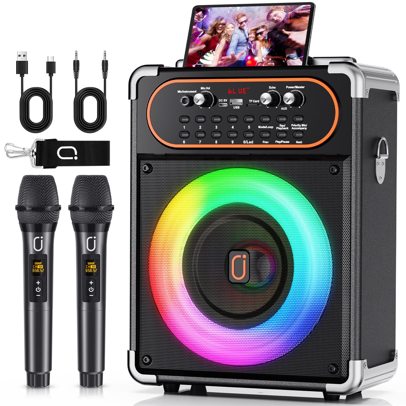 JYX Karaoke Lautsprecher mit 2 kabellosen Mikrofonen, Bluetooth Karaoke-Maschine (Disco-Licht, 12h Akku, tragbar für Party & Events)