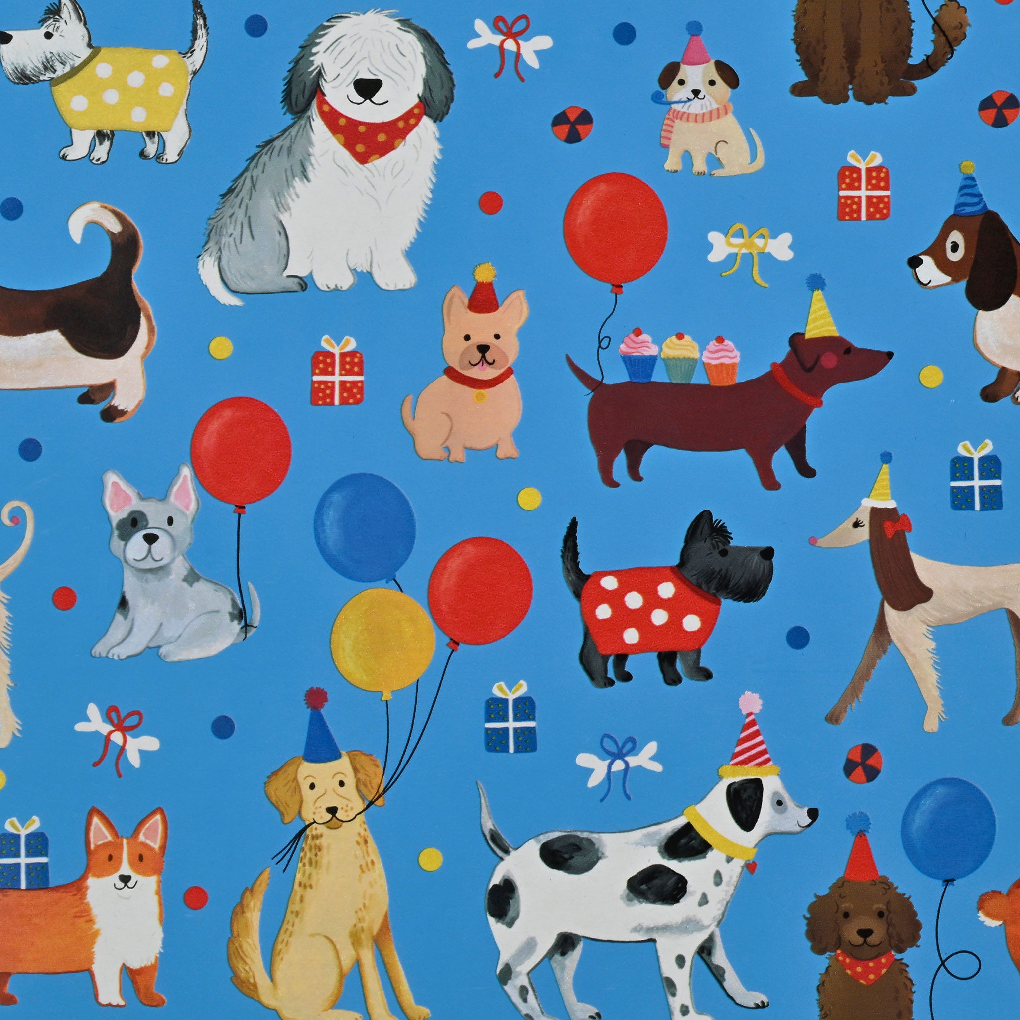 Star Geschenkpapier, Geschenkpapier Hunde 70cm x 2m Rolle mit Luftballons & Partyhüten Bunt