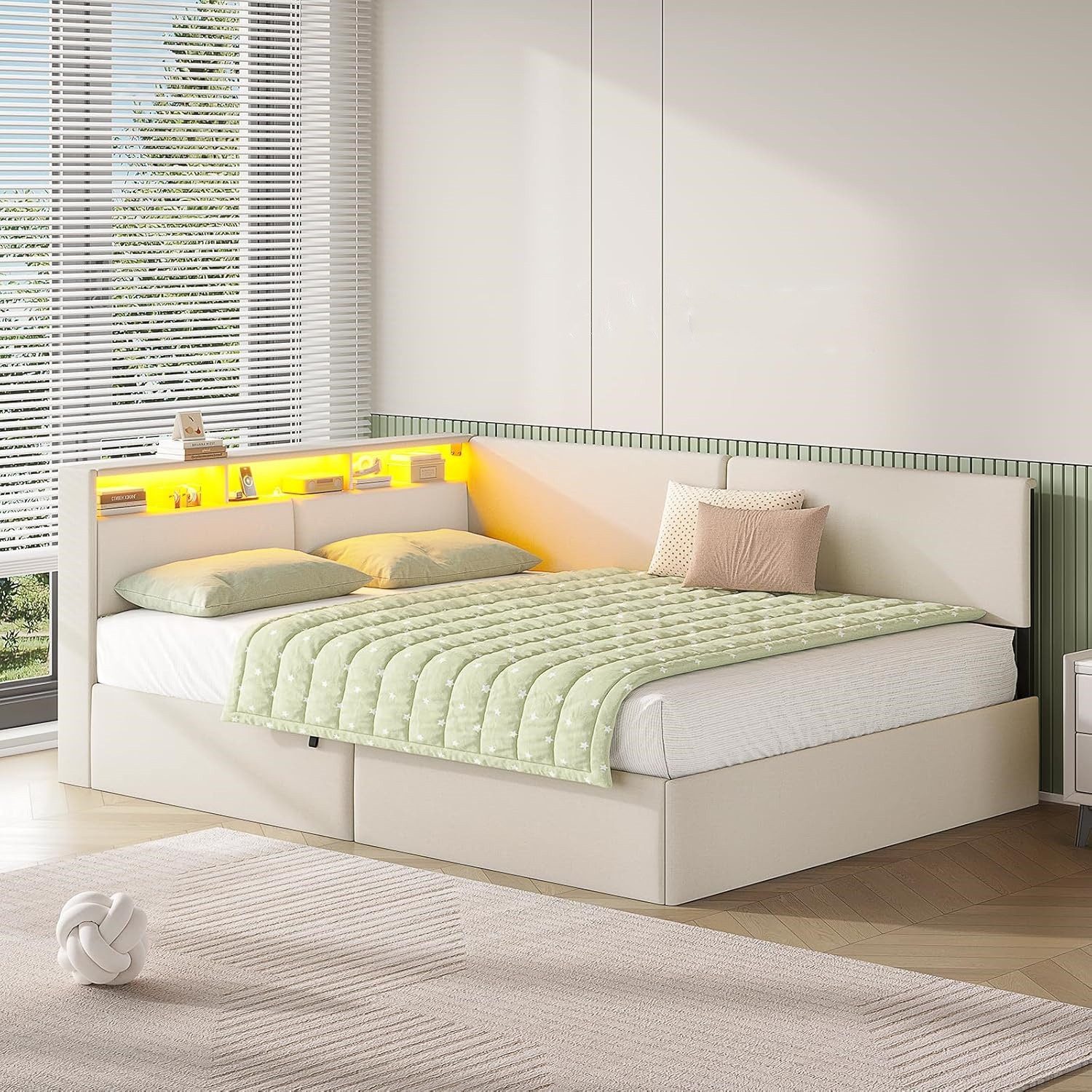 MSMASK Polsterbett mit USB-Steckdosen & LED-Kopftei, Hydraulischem Stauraum (1-tlg., Ohne Matratze), Daybett Kinderbett Jugendbett Schlafsofa 140x200 cm – Bild 4 von 5