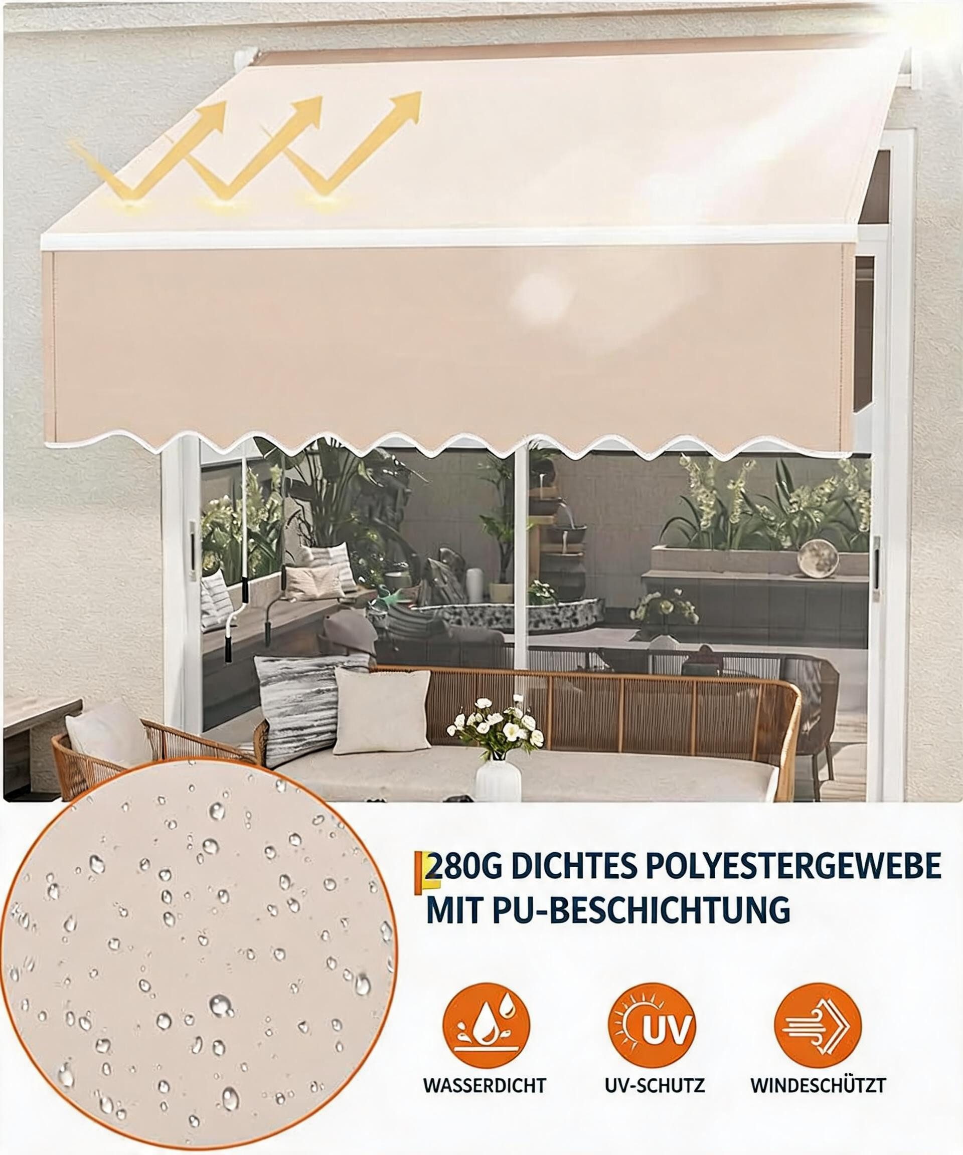 GarveeMore Gelenkarmmarkise 300 x 250 cm,UV40+ & wasserabweisend, mit Kurbel & Wandhalterung Länge + Winkel einstellbar, Markise für Terrasse & Balkon – Bild 5 von 5