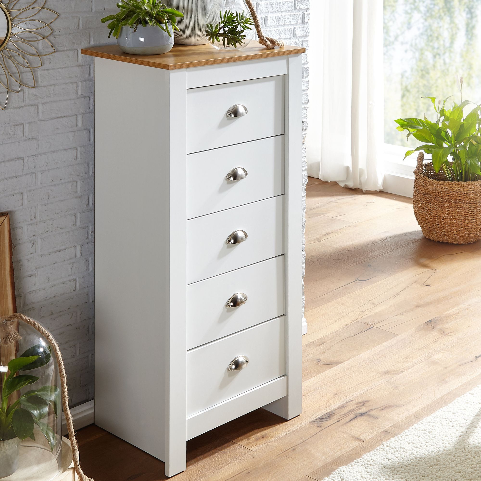 FINEBUY Kommode FB71920 Schubladen 53cm mit 5 Schubladen in MDF Weiß mit Eiche (5 Schubladen 53x114x39 cm Sideboard Weiß / Eiche), Design Anrichte Modern, Schubladenkommode Hoch