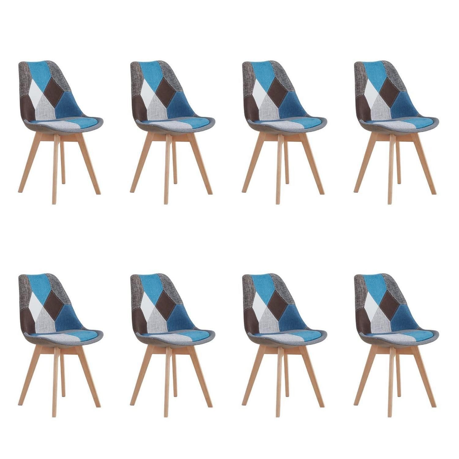 LuxusKollektion Esszimmerstuhl Esszimmerstuhl Set Sitzkissen abnehmbar 8 Stühle Patchwork Blau