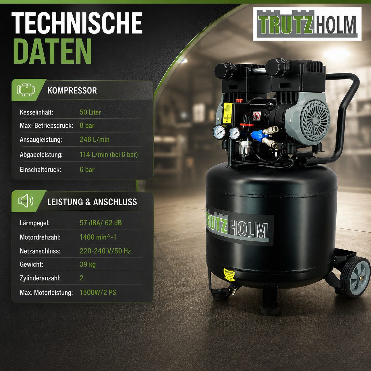 TRUTZHOLM Kompressor Brushless Silent Flüsterkompressor 50L vertikal 1500W, 62dB, 8 bar, max. 8 bar, 50 l, Komplett-Set