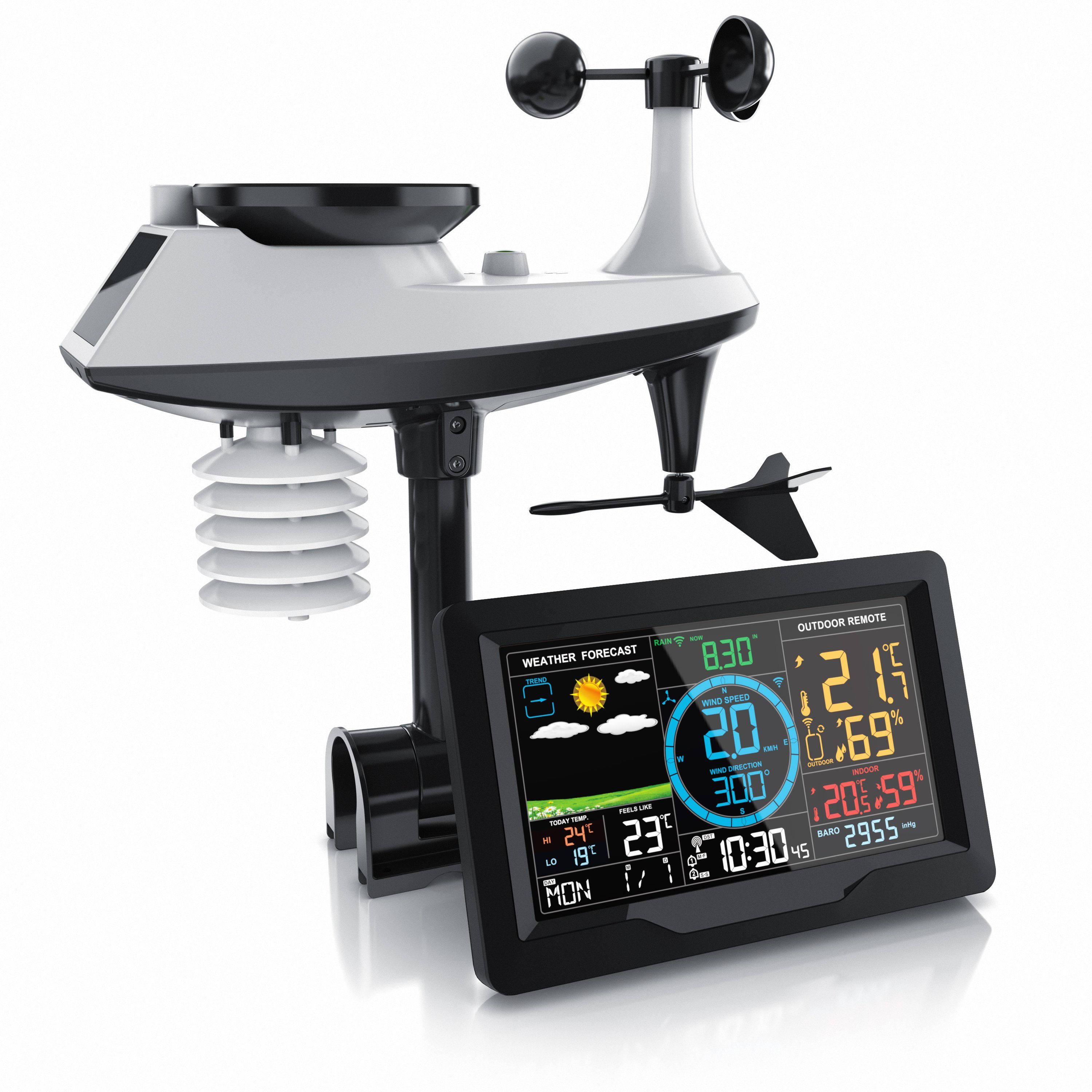 Brandson Wetterstation Funk mit 5 in 1 Außensensor, Farbdisplay, DCF Außenwetterstation (mit Außensensor, Netzteil, Bedienungsanleitung, Thermometer, Hygrometer, Windmesser und Regensensor, Solarpanel)