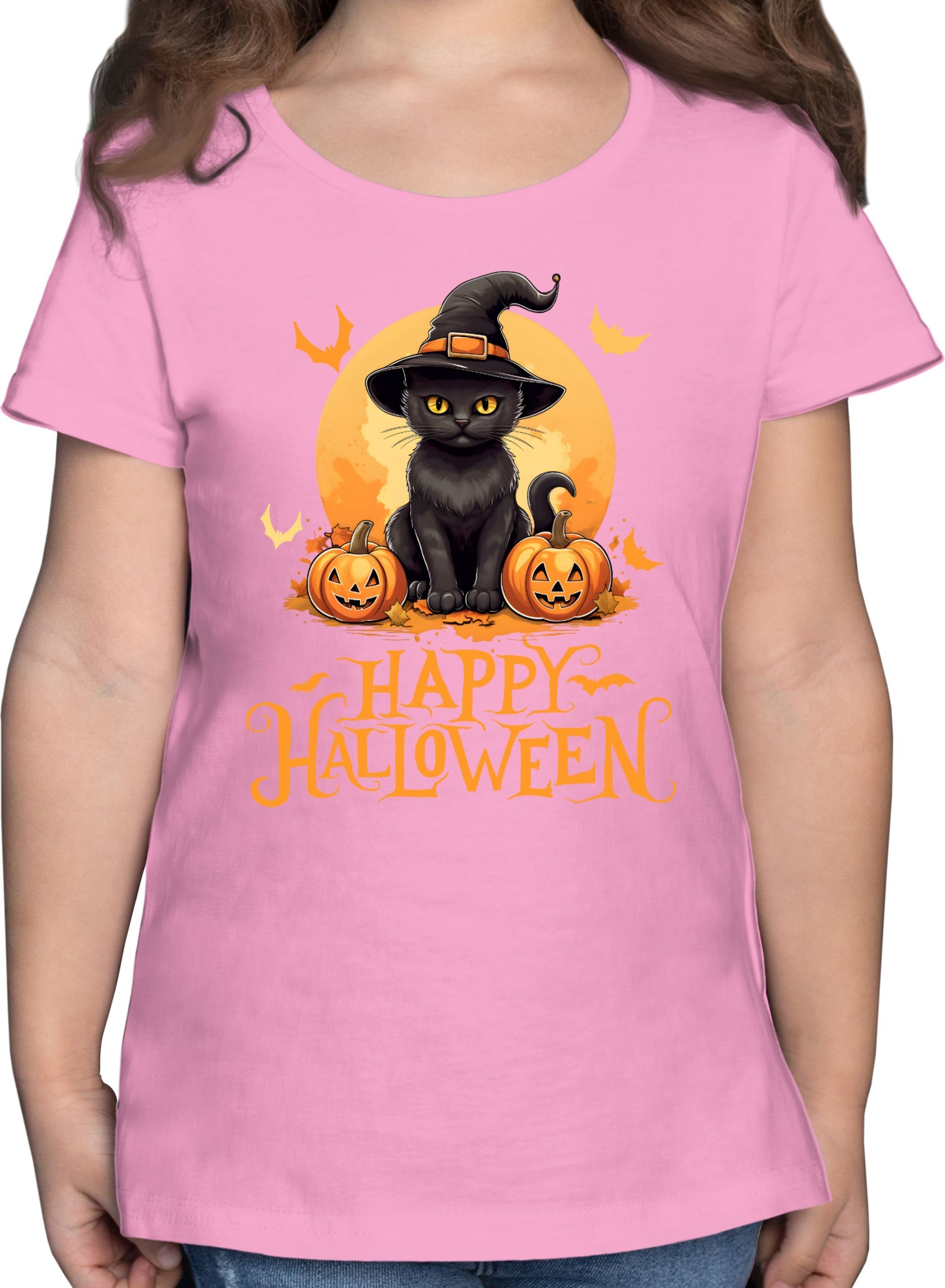 Shirtracer T-Shirt Happy Rosa für Cat Katze Kostüme Kinder 02 Katzenliebhaber Hexenhut Halloween Halloween Lustig