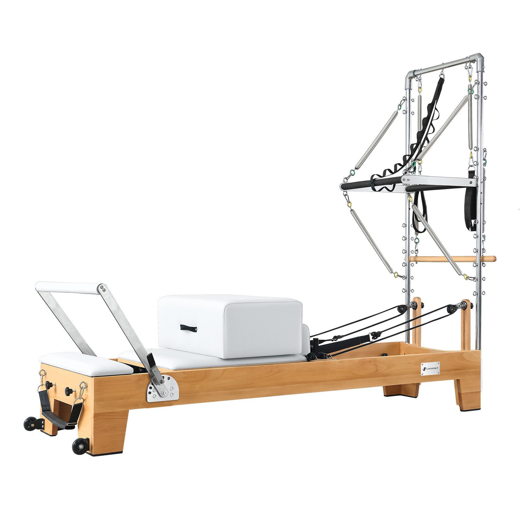 JASPORT Pilates-Reformer B80 mit Tower aus Buchenholz, 150 kg belastbar, (Pilates Reformer Set inkl. Tower und Zubehör), Massives Buchenholz, Mehrfaches Federsystem