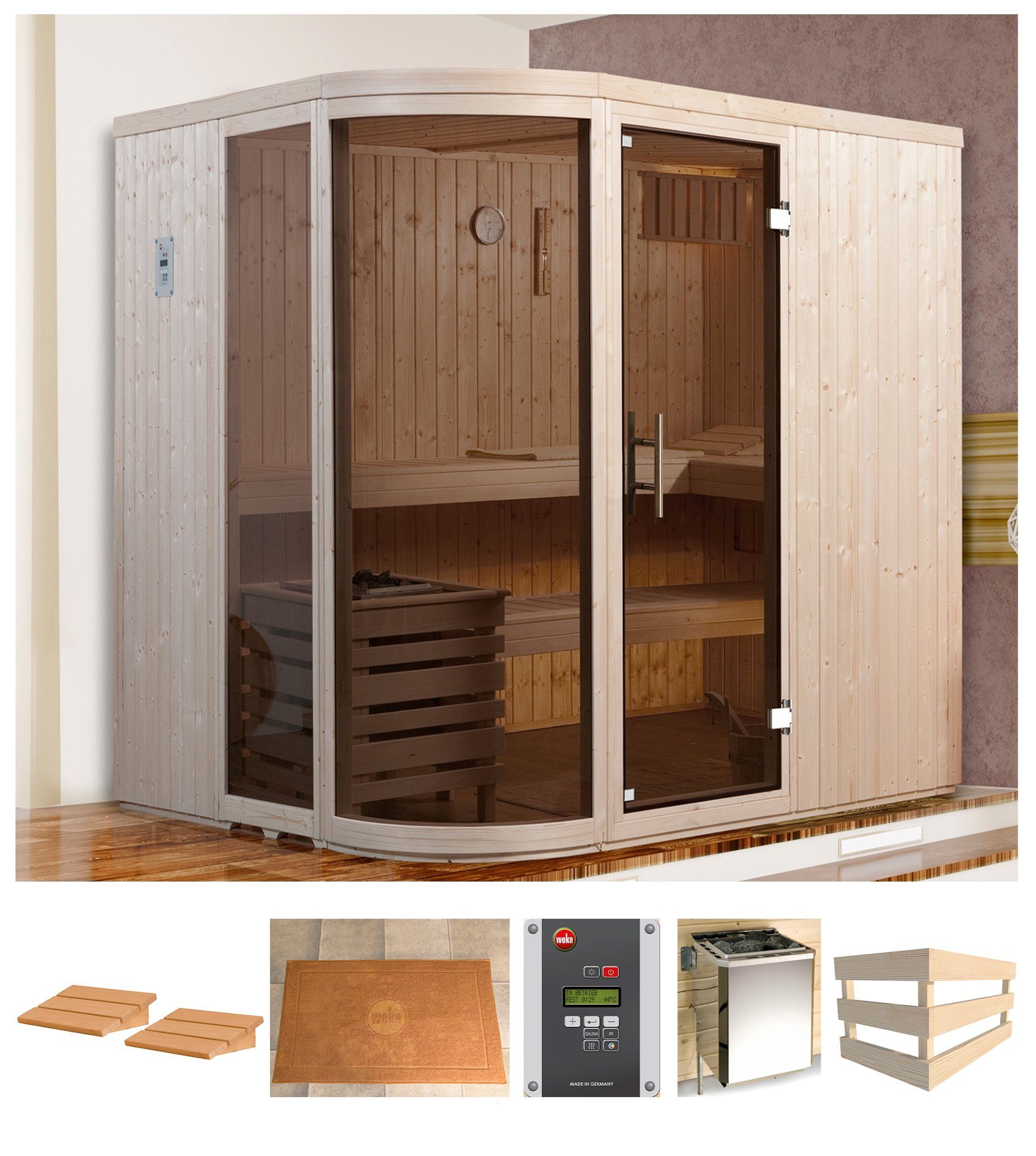 weka Sauna Sara 1, BxTxH: 194 x 194 x 199 cm, 68 mm, 7,5 kW Ofen mit ext. Steuerung