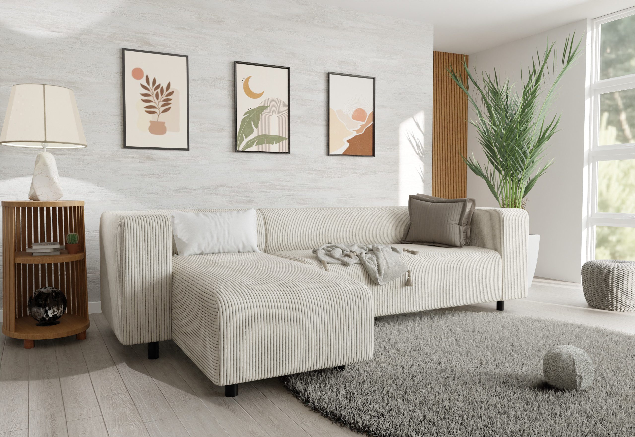 Ecksofa Gustav mit Ottomane aus Cord-Stoff mit bequemem Sitz