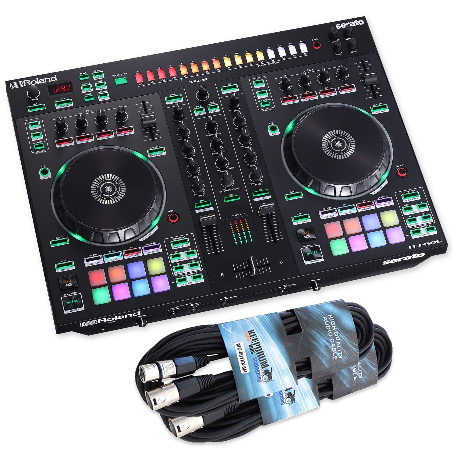 Roland Audio DJ Controller Roland DJ Controller DJ-505 2-Kanal DJ-Pult mit XLR Kabeln, (digital, 1-tlg), Vorteils-Set mit XLR Kabeln