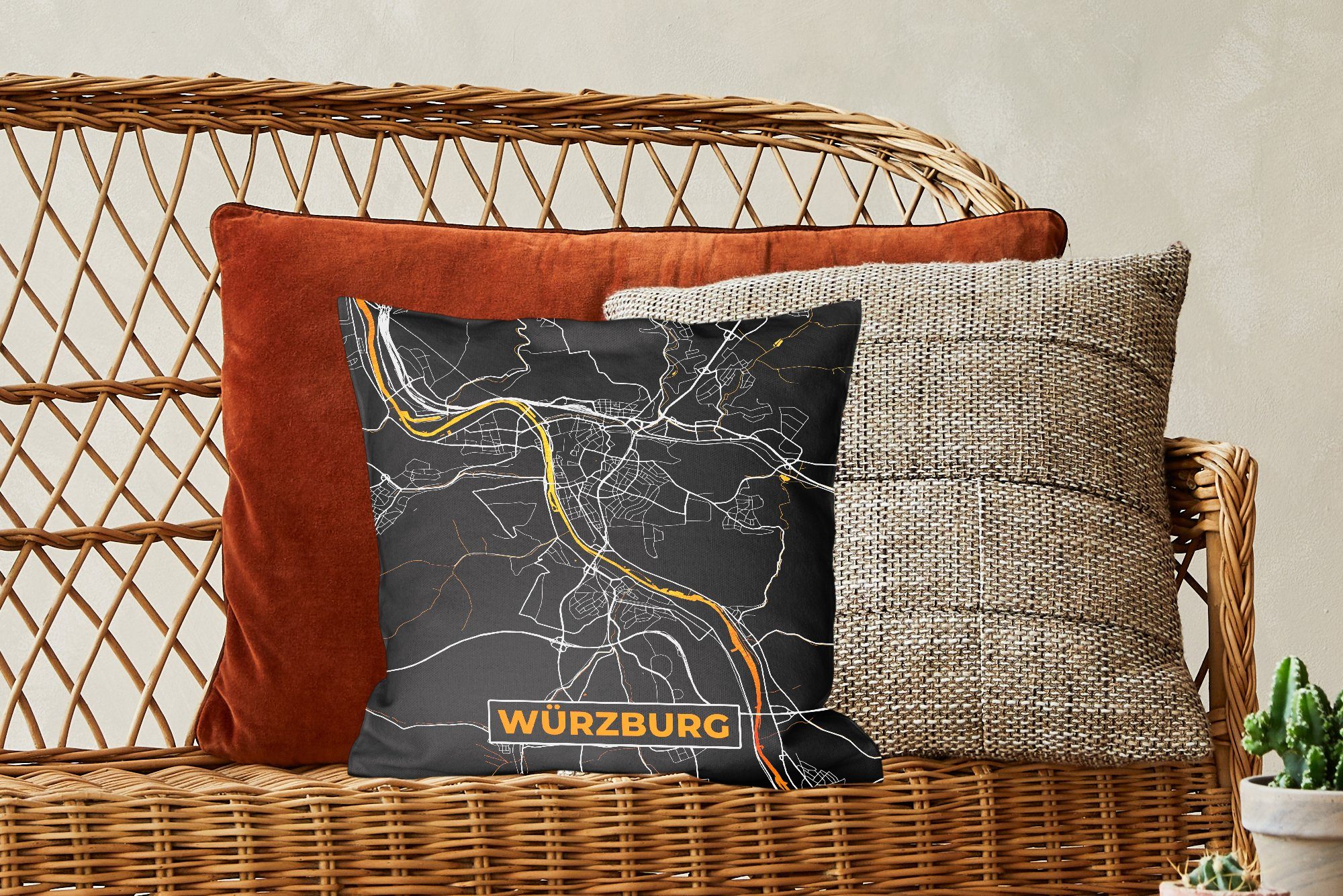 Würzburg - - mit - für Deko, Füllung - Dekokissen Stadtplan Schlafzimmer, Wohzimmer, MuchoWow Zierkissen Sofakissen Gold Deutschland Karte,