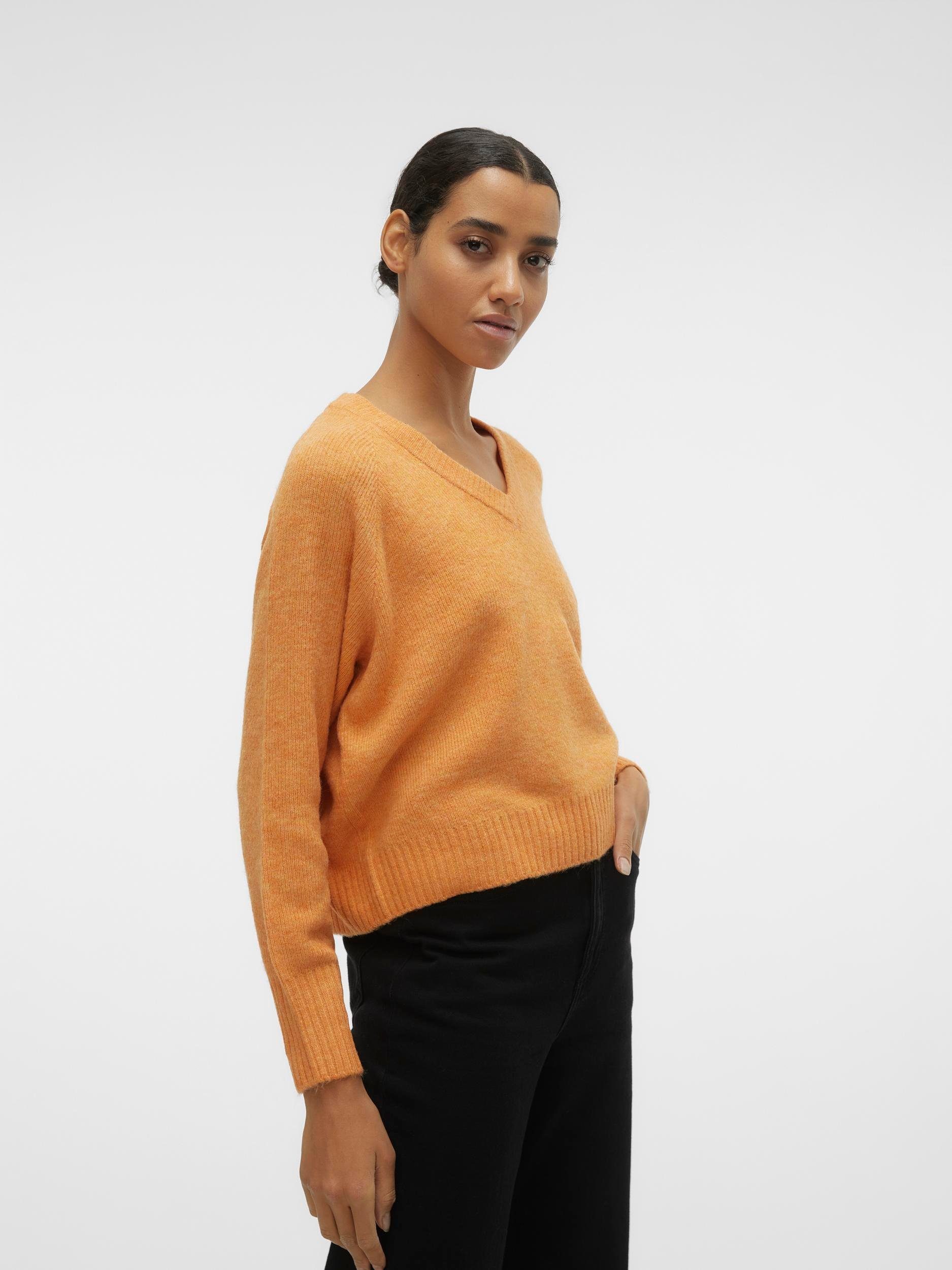 Vero Moda V-Ausschnitt-Pullover VMELLYLEFILE LS Detail:W Tangerine PULLOVER V-NECK MELANGE