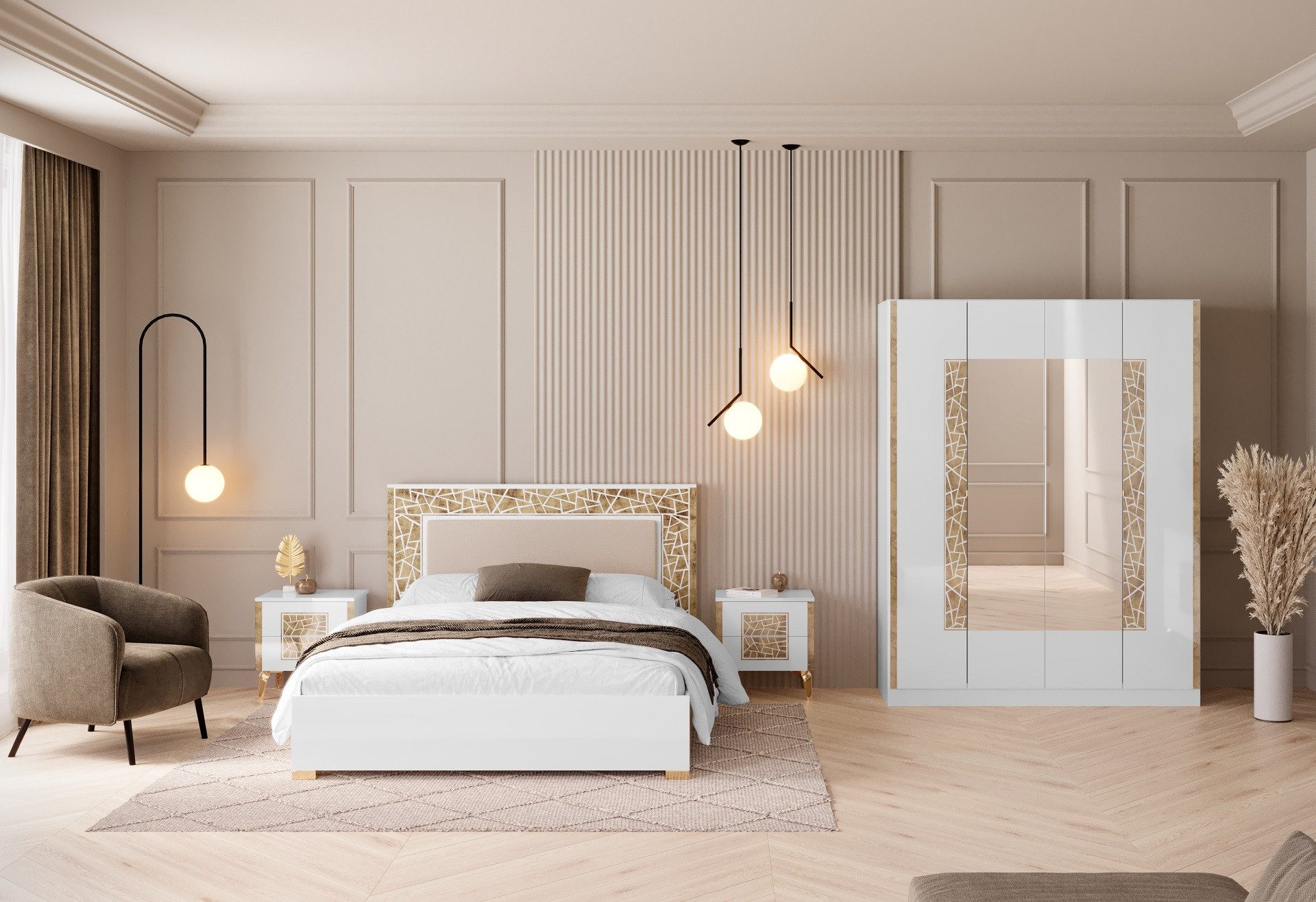 Interdesign24 Schlafzimmer-Set Stella, (4-Teilig, in Weiß/Gold günstig online kaufen