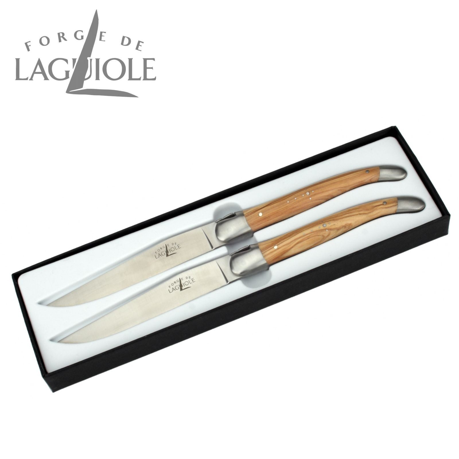 Forge de Laguiole Steakmesser T2 2M IN OL SAT 2er Set - Griff Olivenholz - Stahl satiniert - Aufbewahrungsbox