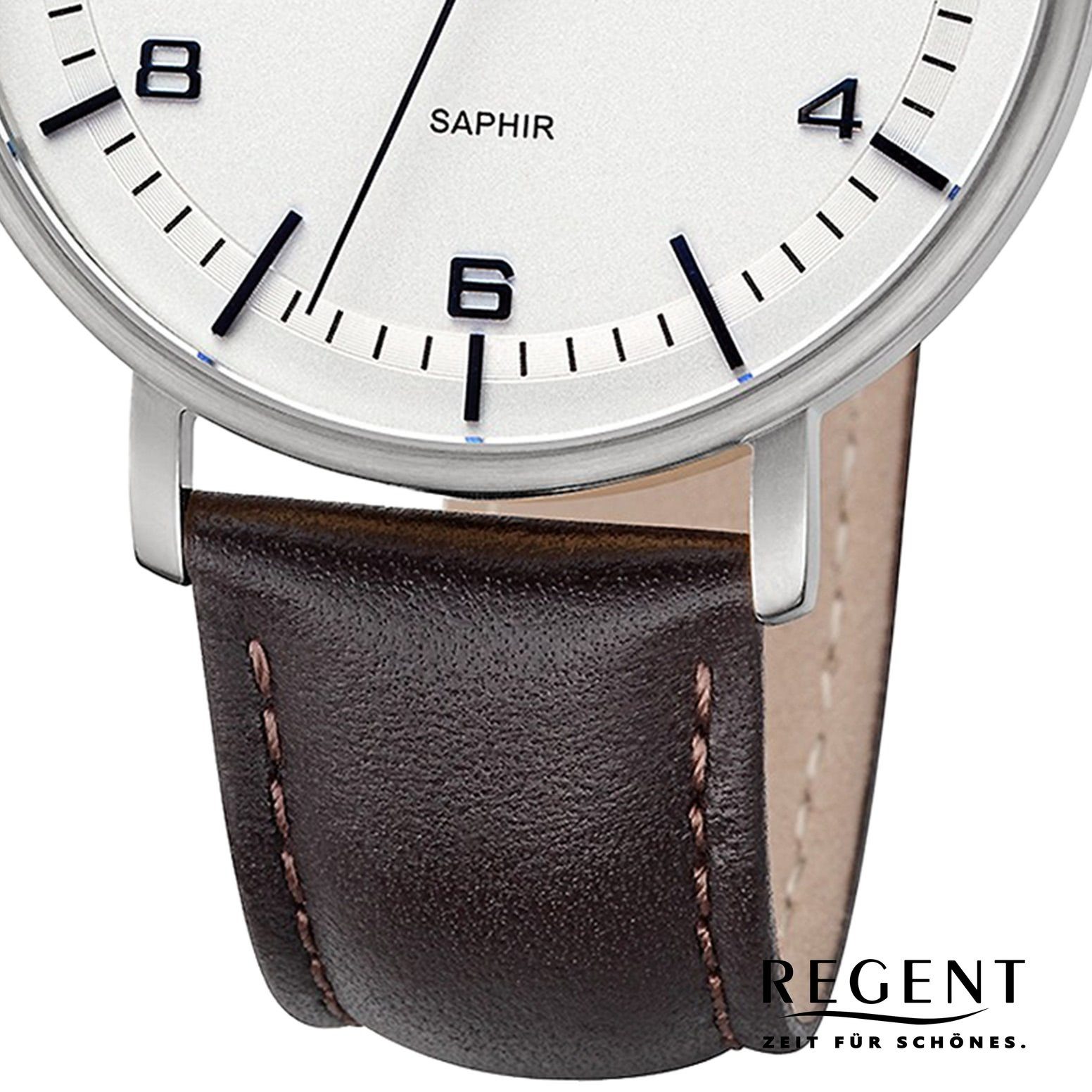 extra Herren Uhrzeit groß Armbanduhr Herren Armbanduhr 42mm), Regent Regent rund, (ca. Lederarmband, Analog, Quarzuhr