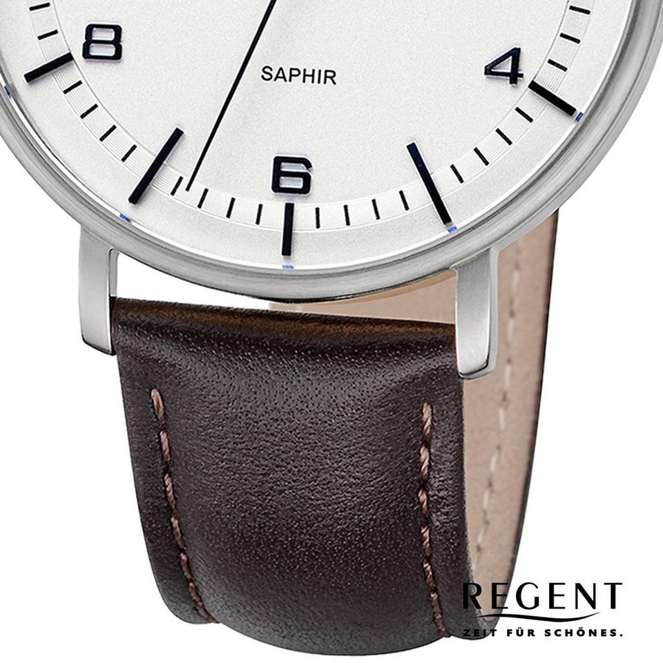 Regent Quarzuhr Regent Herren Armbanduhr Analog, Herren Armbanduhr rund,  extra groß (ca. 42mm), Lederarmband, Uhrzeit