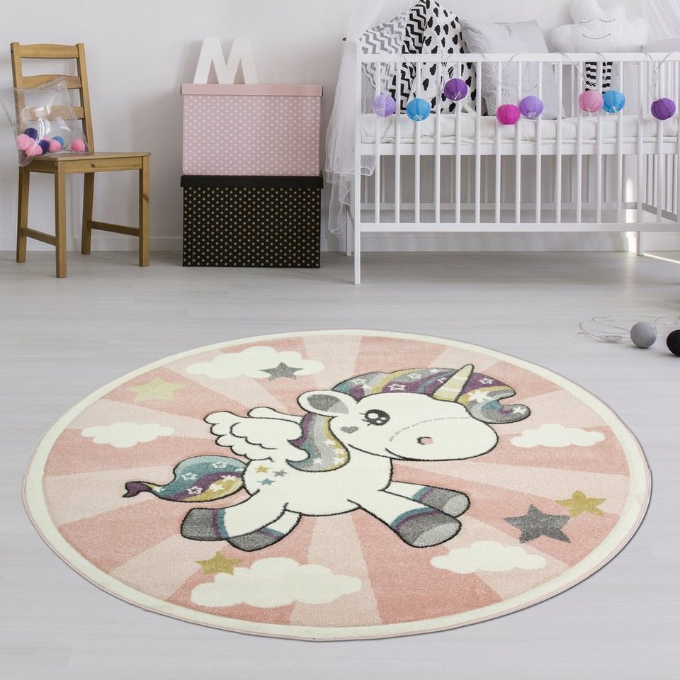 Kinderteppich Kinderteppich mit Einhorn Regenbogen in Rosa Creme,  TeppichHome24, Rund, Höhe: 1.3 mm