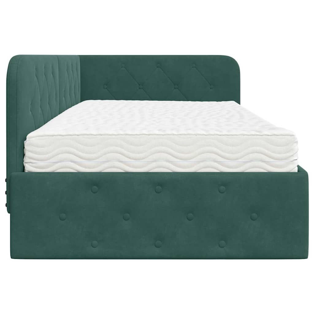 vidaXL Corner Bed Frame with Mattress, Dark Green, 90 x 200 cm, Velvet (1-piece)