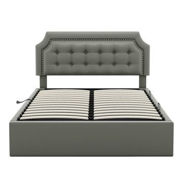DOPWii Bett 160*200cm Flachbett,Polsterbett,Hydraulisches Zwei-Wege-Bett, Minimalistisches Design,Stilvolle Polsterung, Weiß/Grau