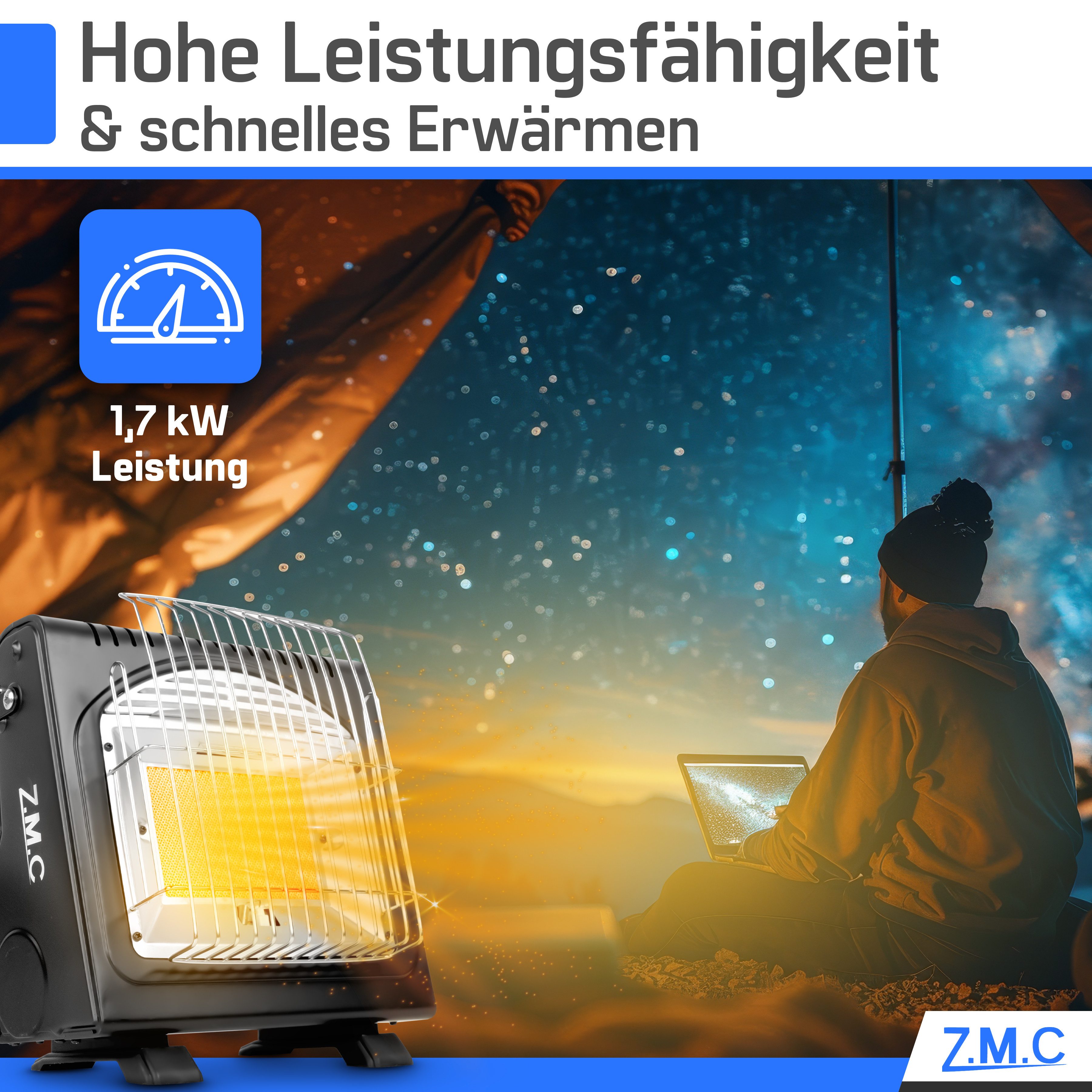 ZMC Heizstrahler 2in1 Tragbare Camping Gasheizung 1,7KW Gaskocher + Gaskartuschen 227g, 1700W Camping Heizung mobile Heizstrahler Zeltheizung mit Piezozündung – Bild 5 von 5