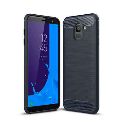 König Design Handyhülle Samsung Galaxy J6, Samsung Galaxy J6 Handyhülle Carbon Optik Backcover Blau