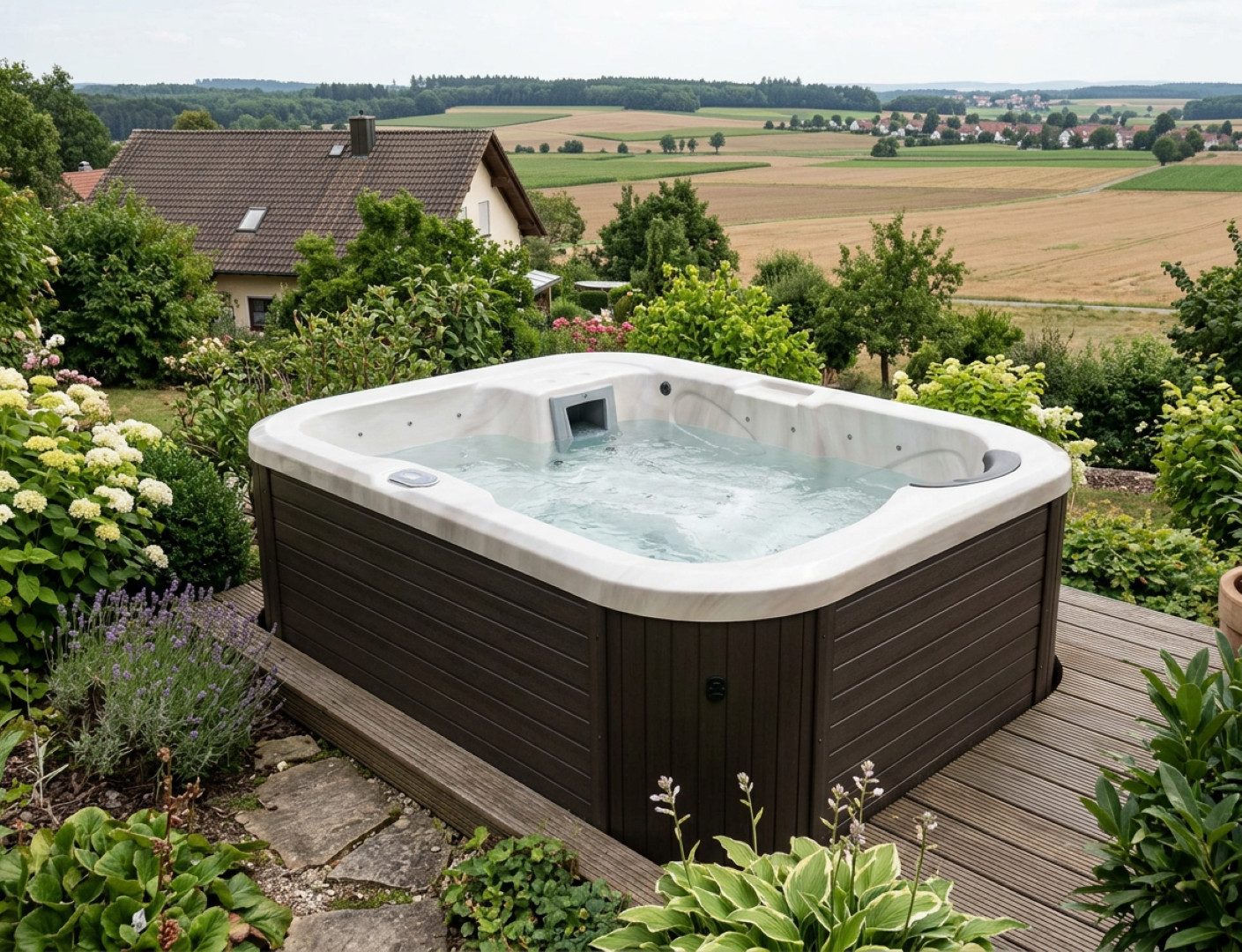 SPA Kompagniet Whirlpool Scandinavic Wood Art "Fehmarn" Outdoor Whirlpool 3 Personen 207×157 cm, Aufstellbecken, (Komplett inkl. Thermo-Cover, 1 Filter und Beleuchtung), inkl. Cover, ergonomischer Liegeplatz mit 14 Düsen und LED-Lichtpaket