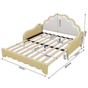 Ulife Daybett Tagesbett Polsterbett Sofabett, umwandelbar in ein flaches Bett, Kopfteil mit Umgebungslicht, 140x200cm