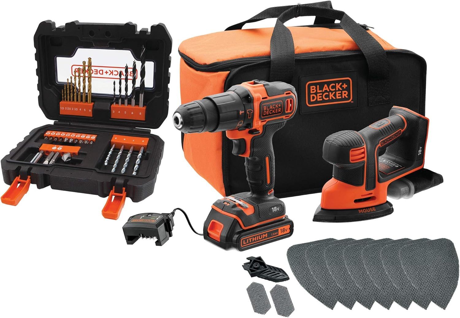 Black + Decker Akku-Schlagbohrmaschine Schlagbohrmaschine und Detailschleifer, 1 Lithium-Akku und Tragetasche, (1-tlg)