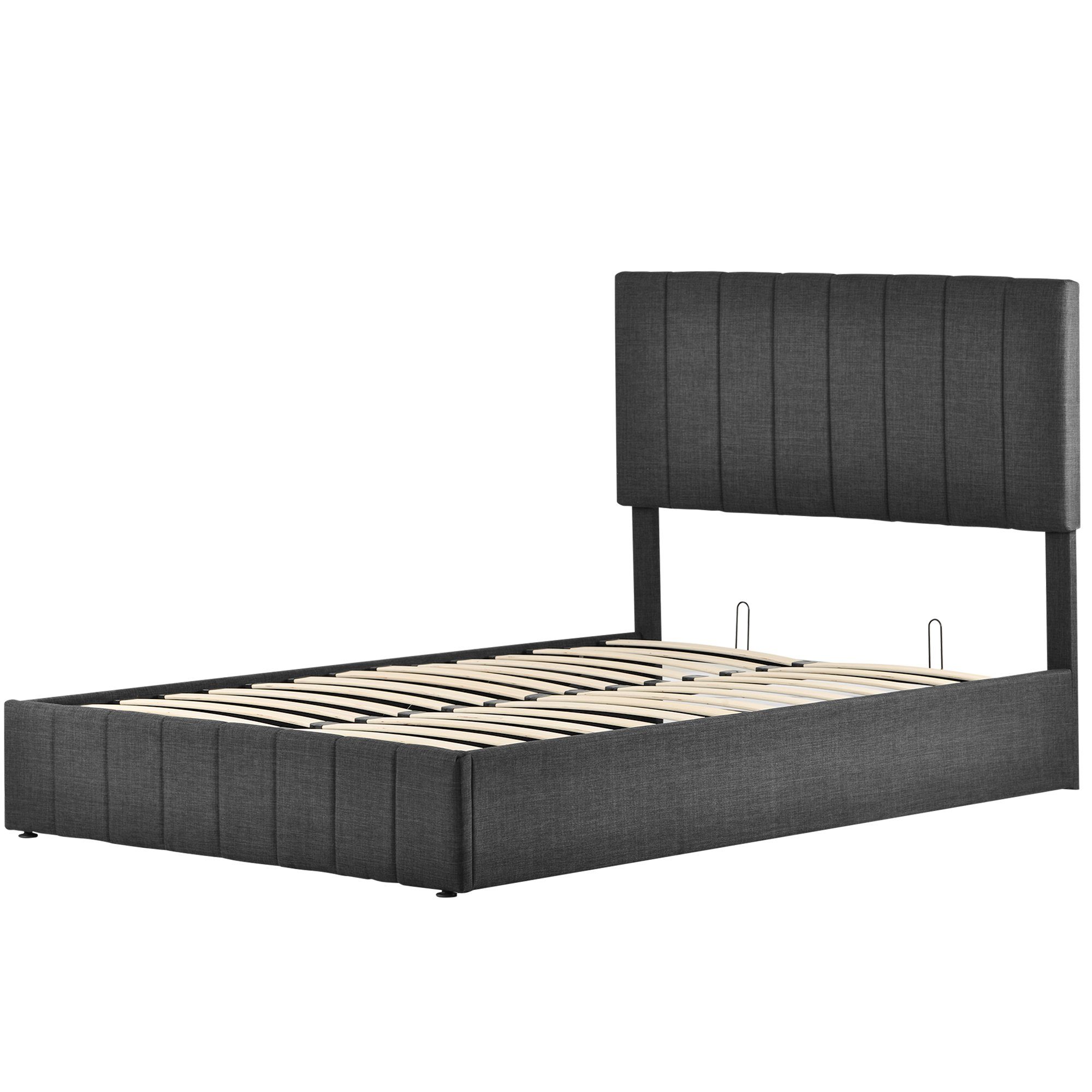 Polsterbett (Funktionsbett mit Lattenrost, Bettkasten und Federkernmatratze), Hydraulisch Bett 140x200cm, Verstellbares Kopfteil, Bezug aus Leinen