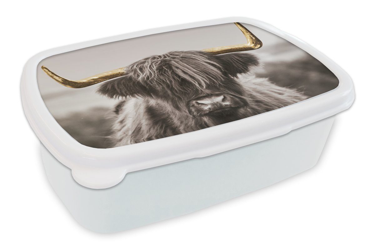 MuchoWow Lunchbox Schottischer Highlander - Gold - Schwarz - Weiß, Kunststoff, (2-tlg), Brotbox für Kinder und Erwachsene, Brotdose, für Jungs und Mädchen