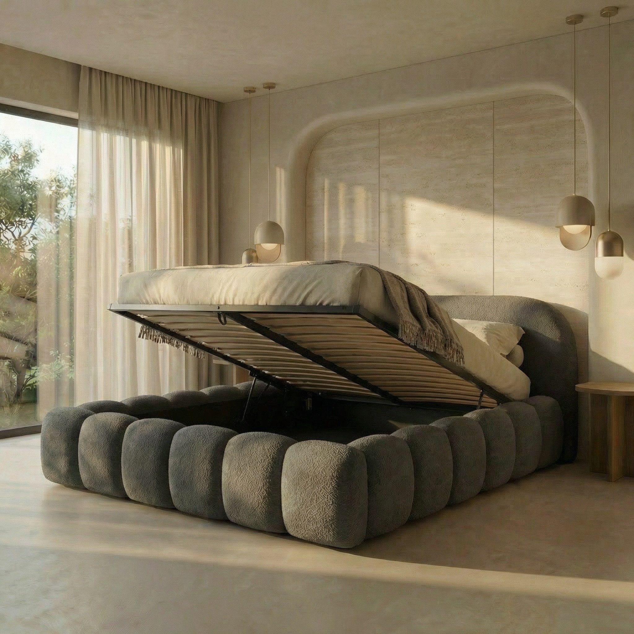 yourhouse24 Polsterbett Orlando Slim Bouclé kompaktes Wolkenbett mit Bettkasten, Bubble-Optik & Japandi