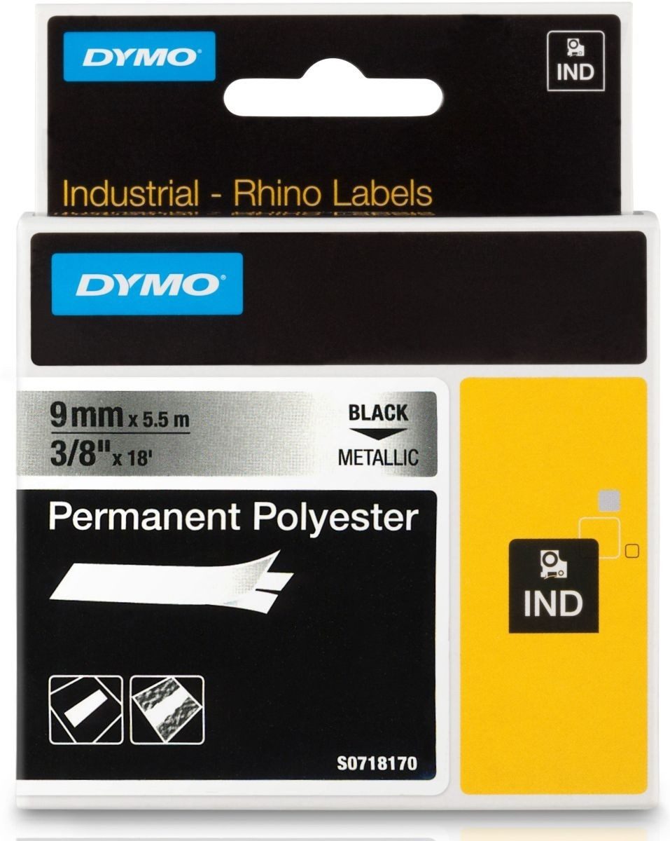 DYMO Beschriftungsband Schriftbandkassette permanent Polyester 5,5mx9mm schwarz/metallic