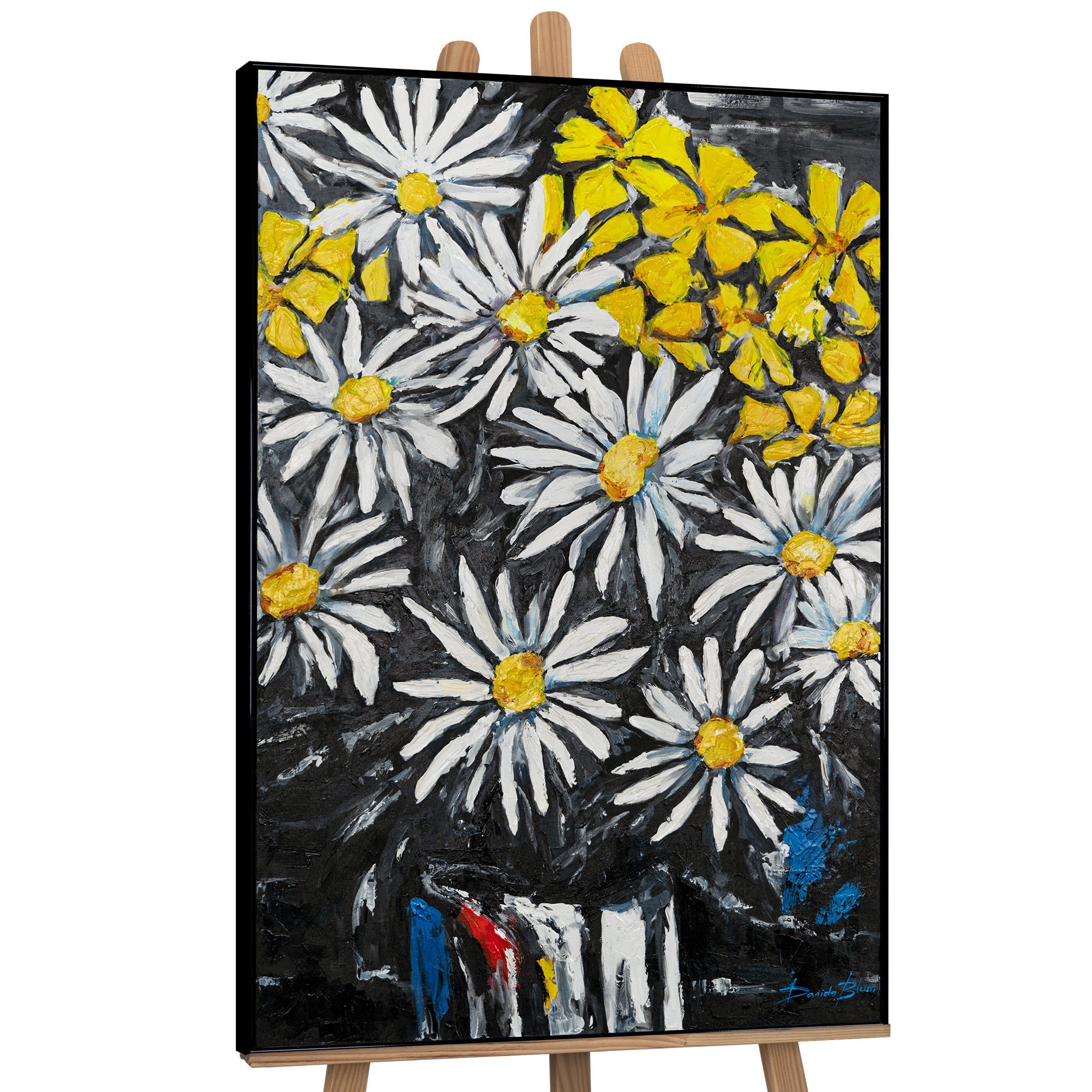 YS-Art Gemälde Schneeweiße Margeriten, Blumen, Weiß, gelbes Blumenmotiv in der Vase Leinwandbild gerahmt