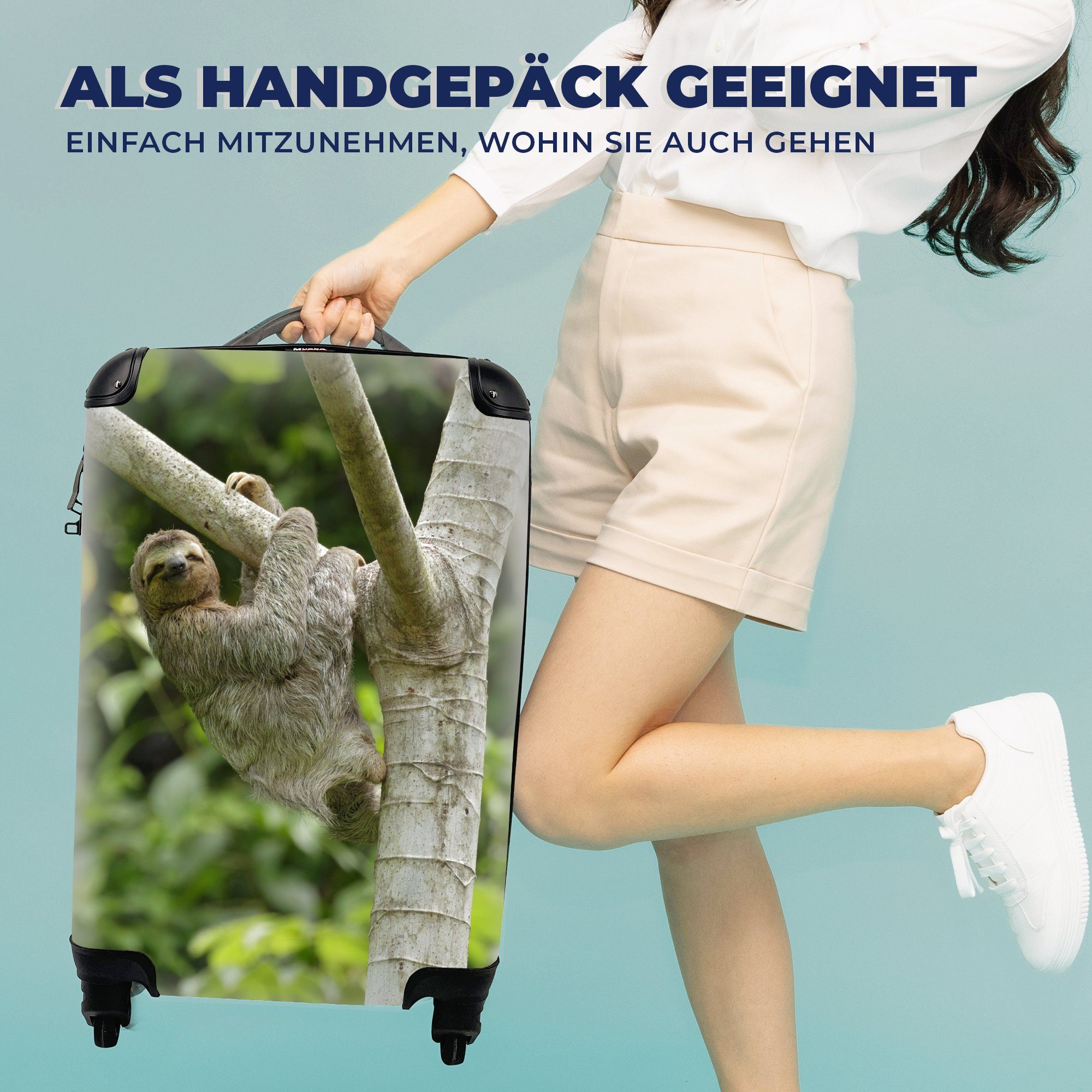 Handgepäck 4 Ferien, hängt an Faultier Trolley, MuchoWow für Rollen, Ein Handgepäckkoffer Reisetasche mit rollen, Reisekoffer einem Ast,